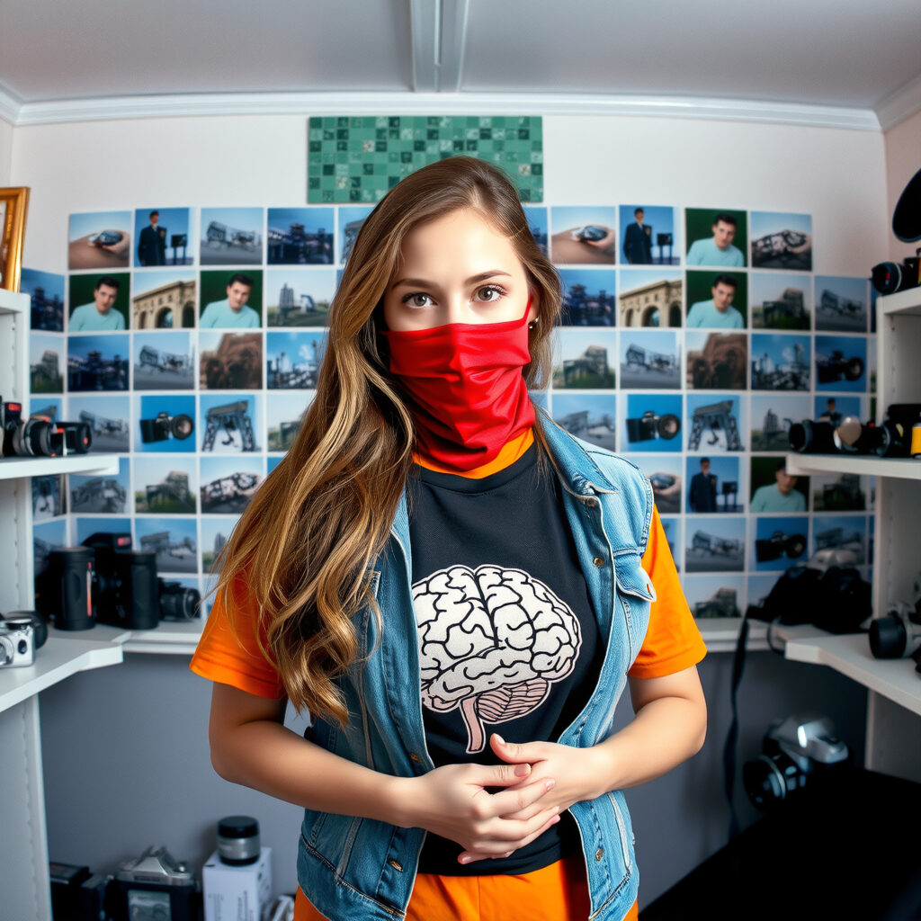Young woman with face mask holding a concept illustration of a brain in a bright, educational setting