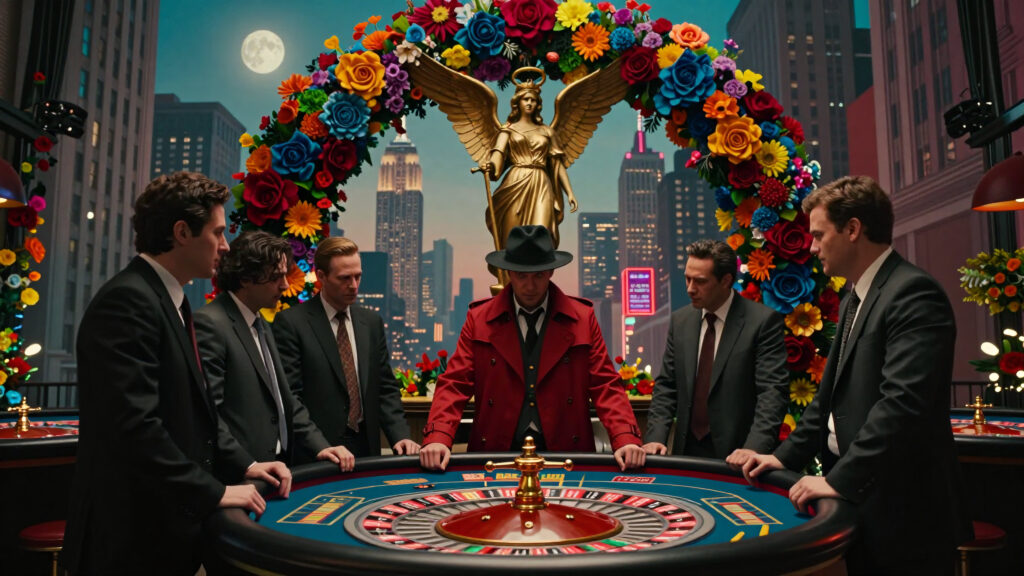 Group around roulette table with golden angel statue and vibrant floral arch in city casino
