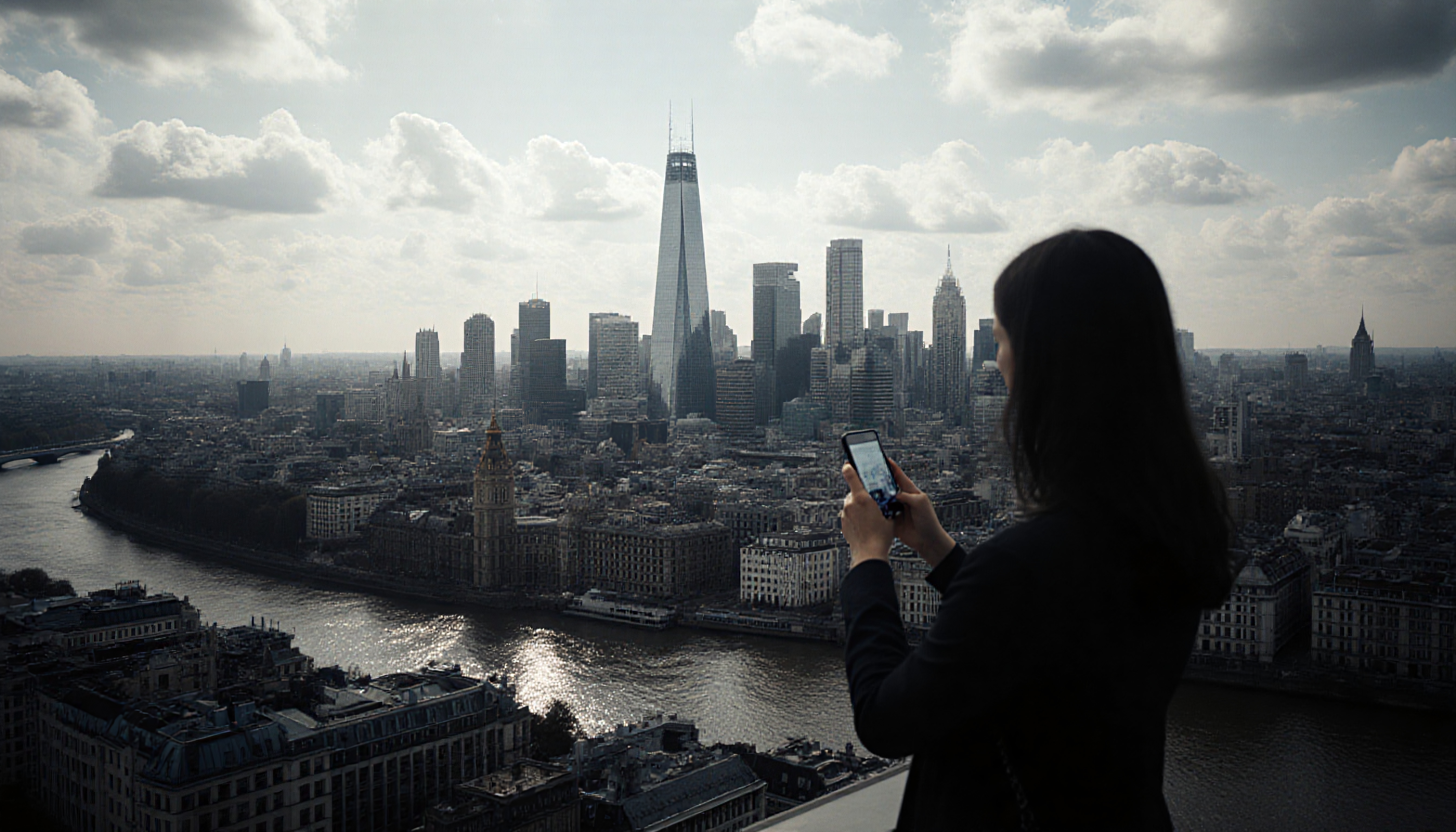 Silhouette of a person viewing the Cityscape from a high vantage point on a cloudy day