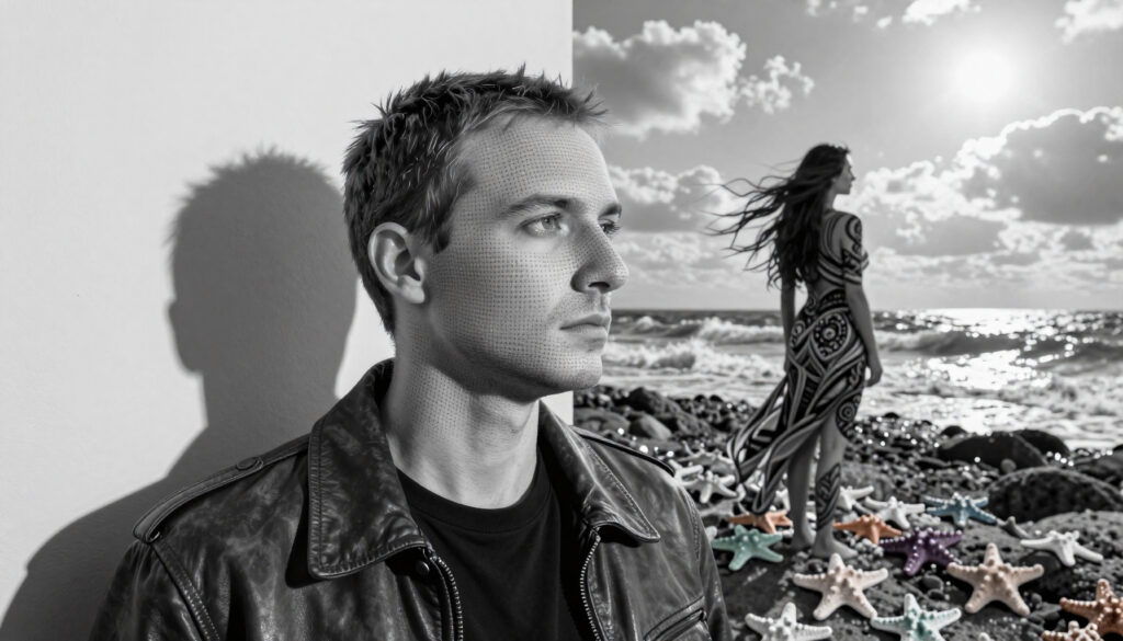 Contemplative Man and Woman on Rocky Beach with Starfish