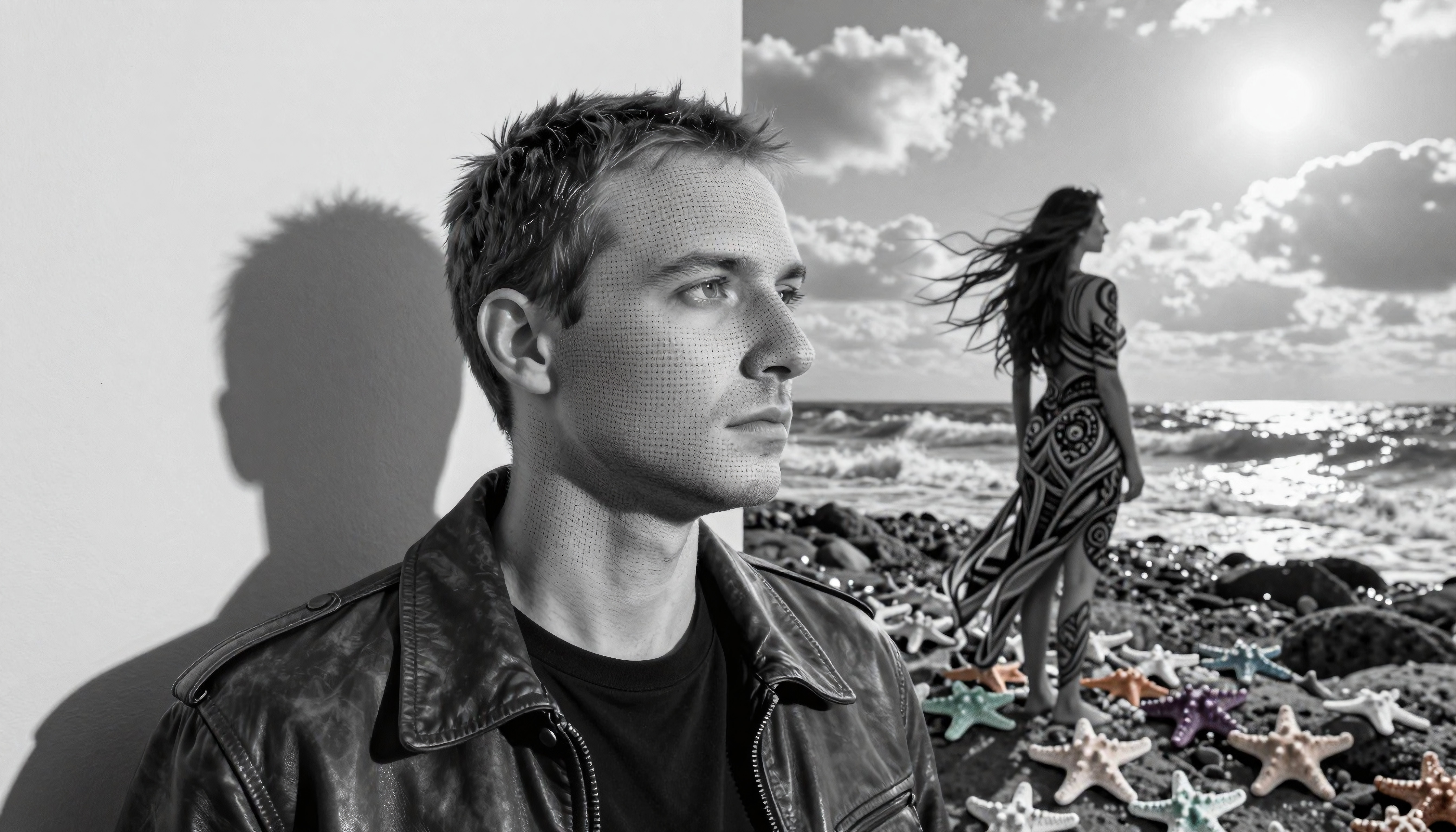 Contemplative Man and Woman on Rocky Beach with Starfish