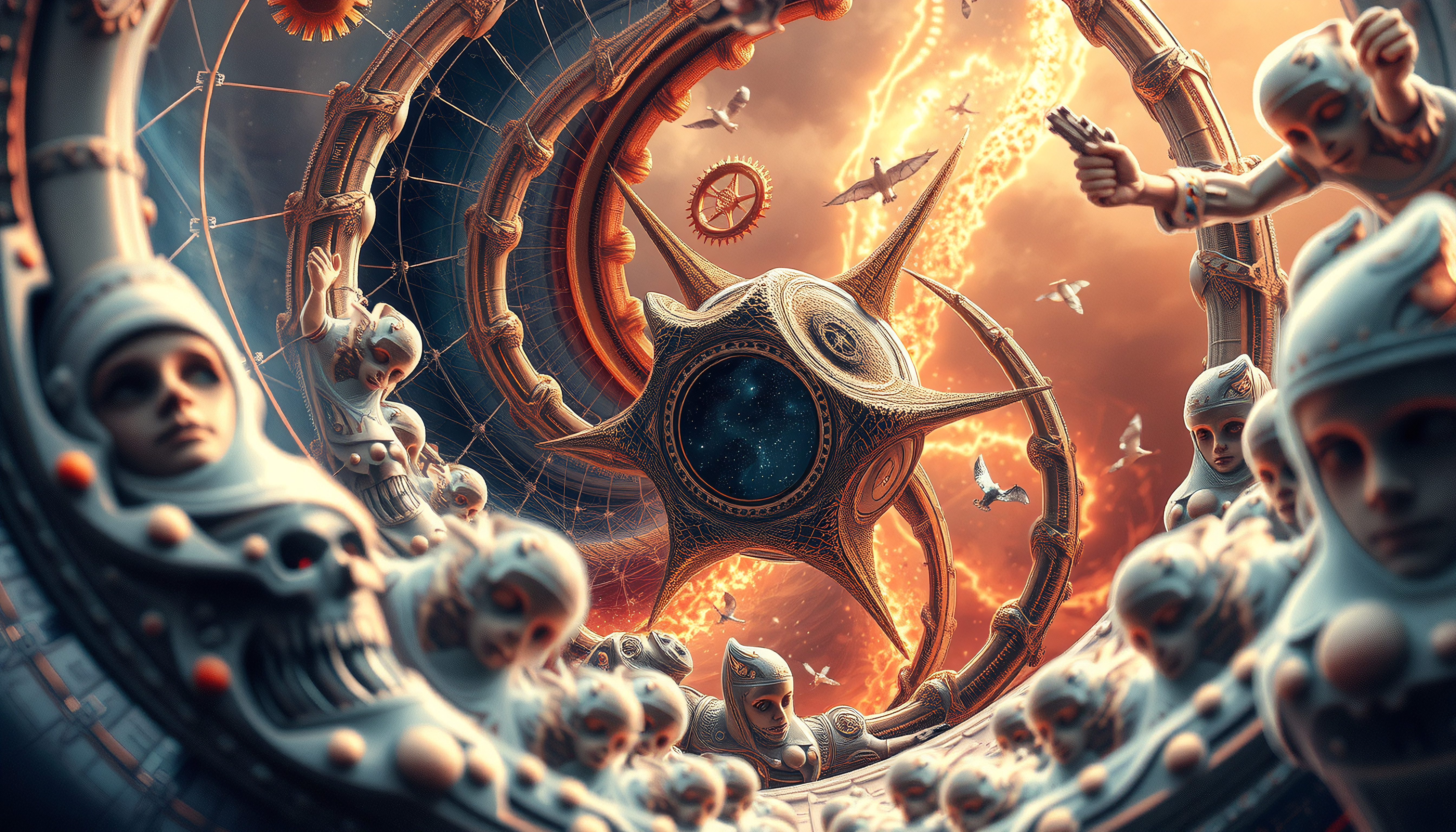 Steampunk Mechanical Galaxy with Futuristic Guardians