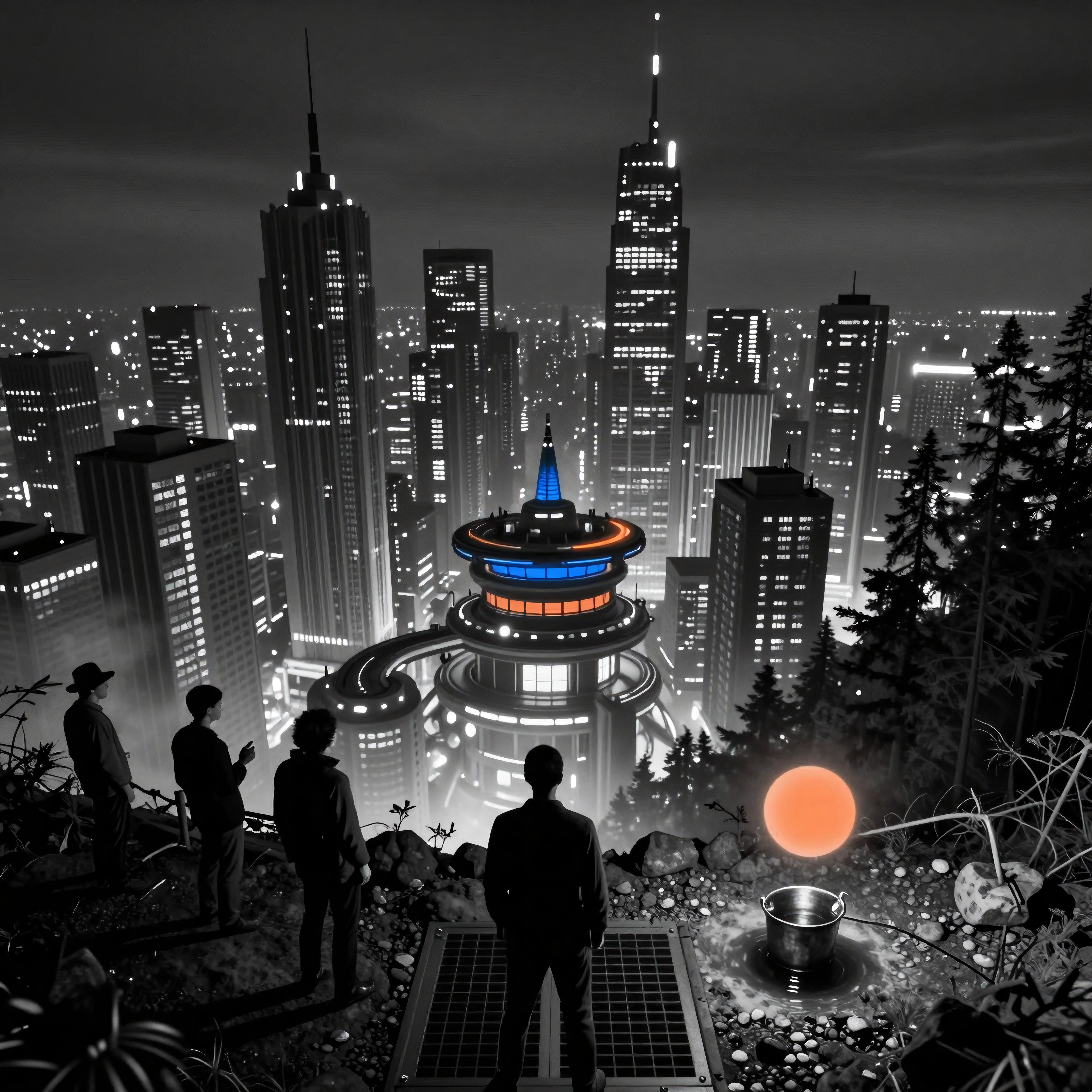 Futuristic Cityscape at Night with Observers and Glowing Structure