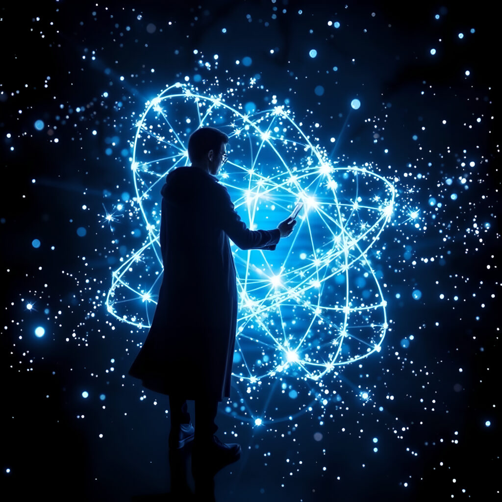 Scientist Interacting with Atomic Structure