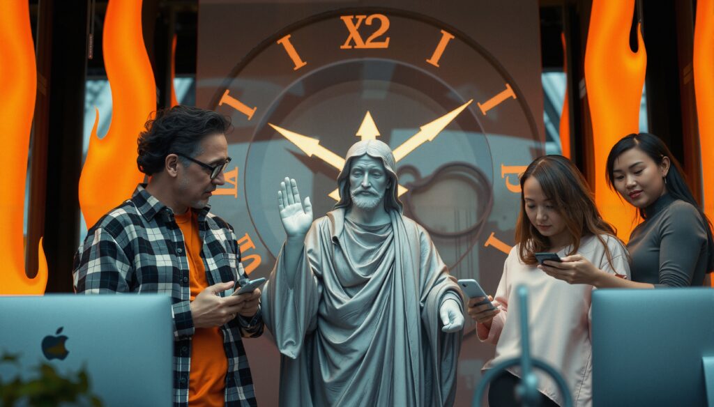 Office scene with religious statue, smartphones, and fiery clock backdrop
