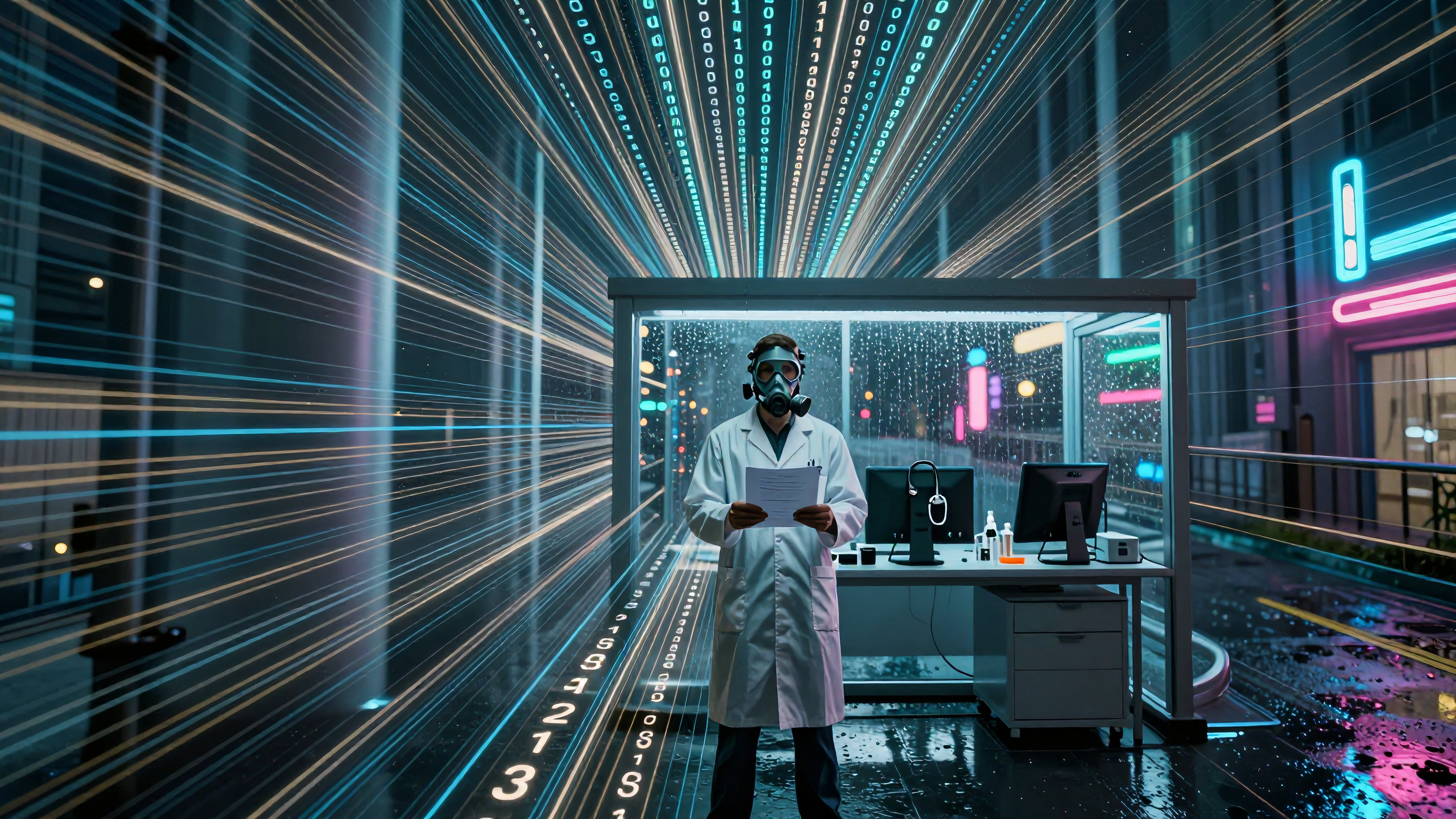 Futuristic Medical Researcher in Neon-Lit Digital Lab