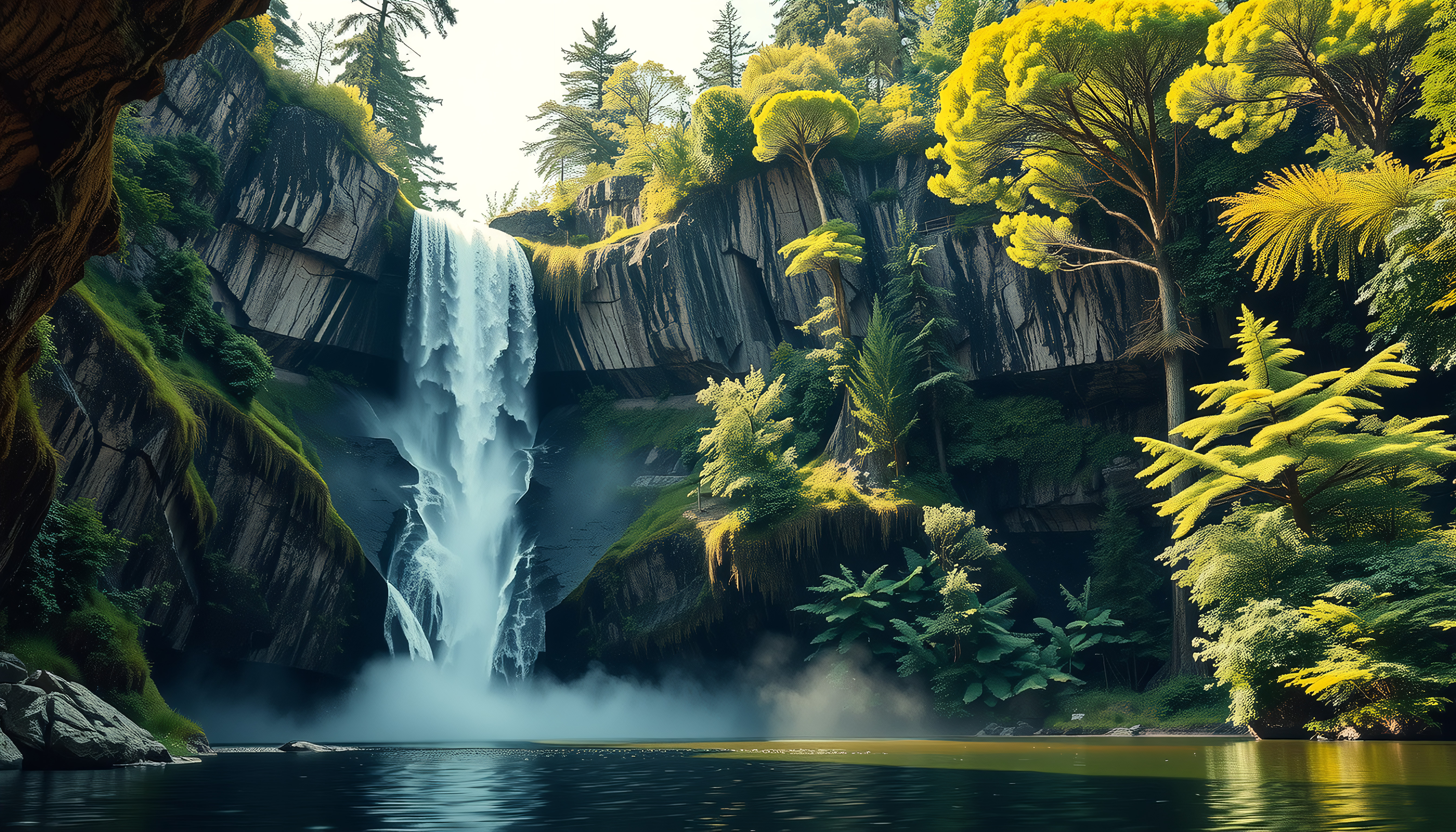 Misty Waterfall in Lush Green Canyon