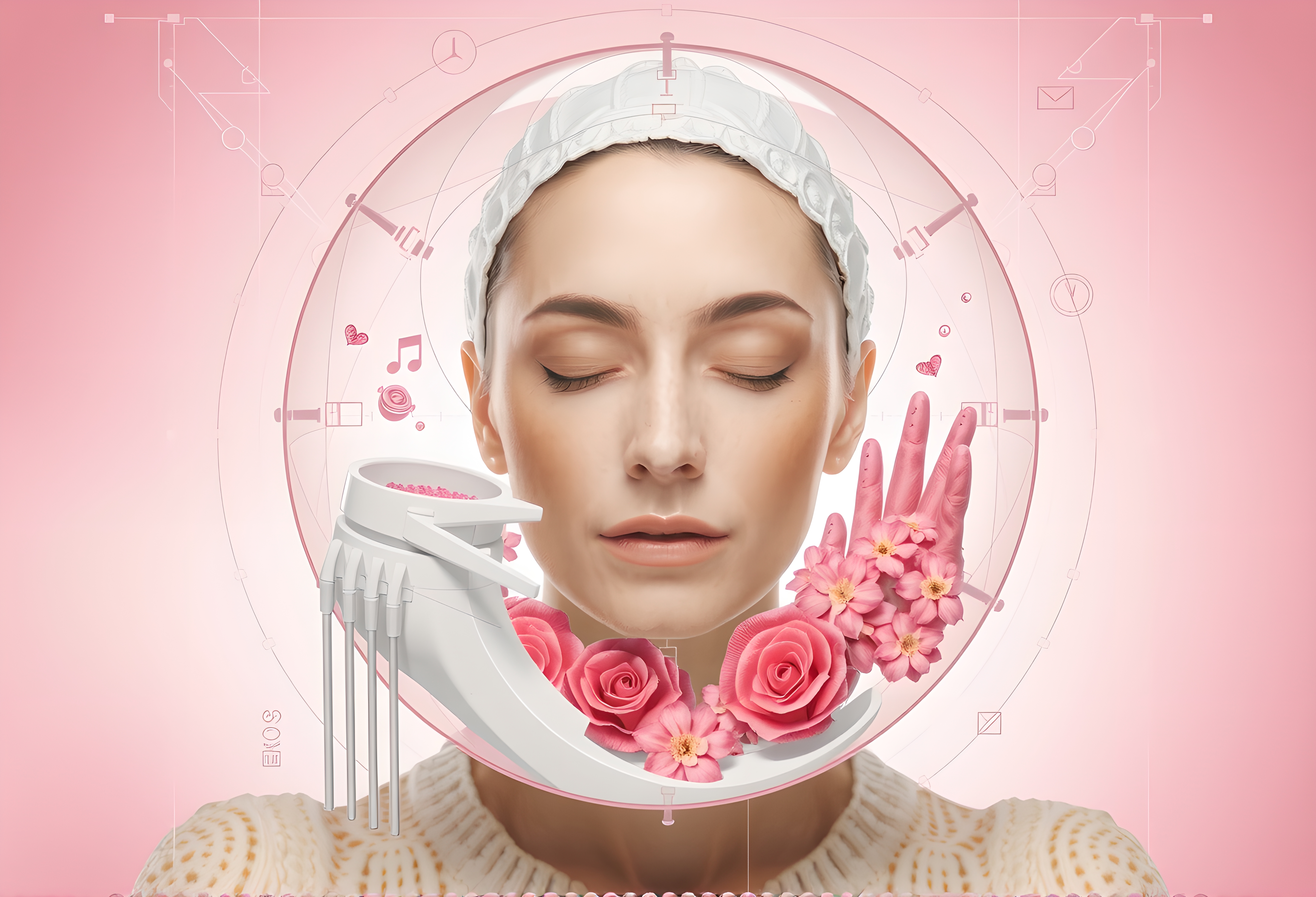 Serene Pink Wellness Concept with Floral and Digital Elements