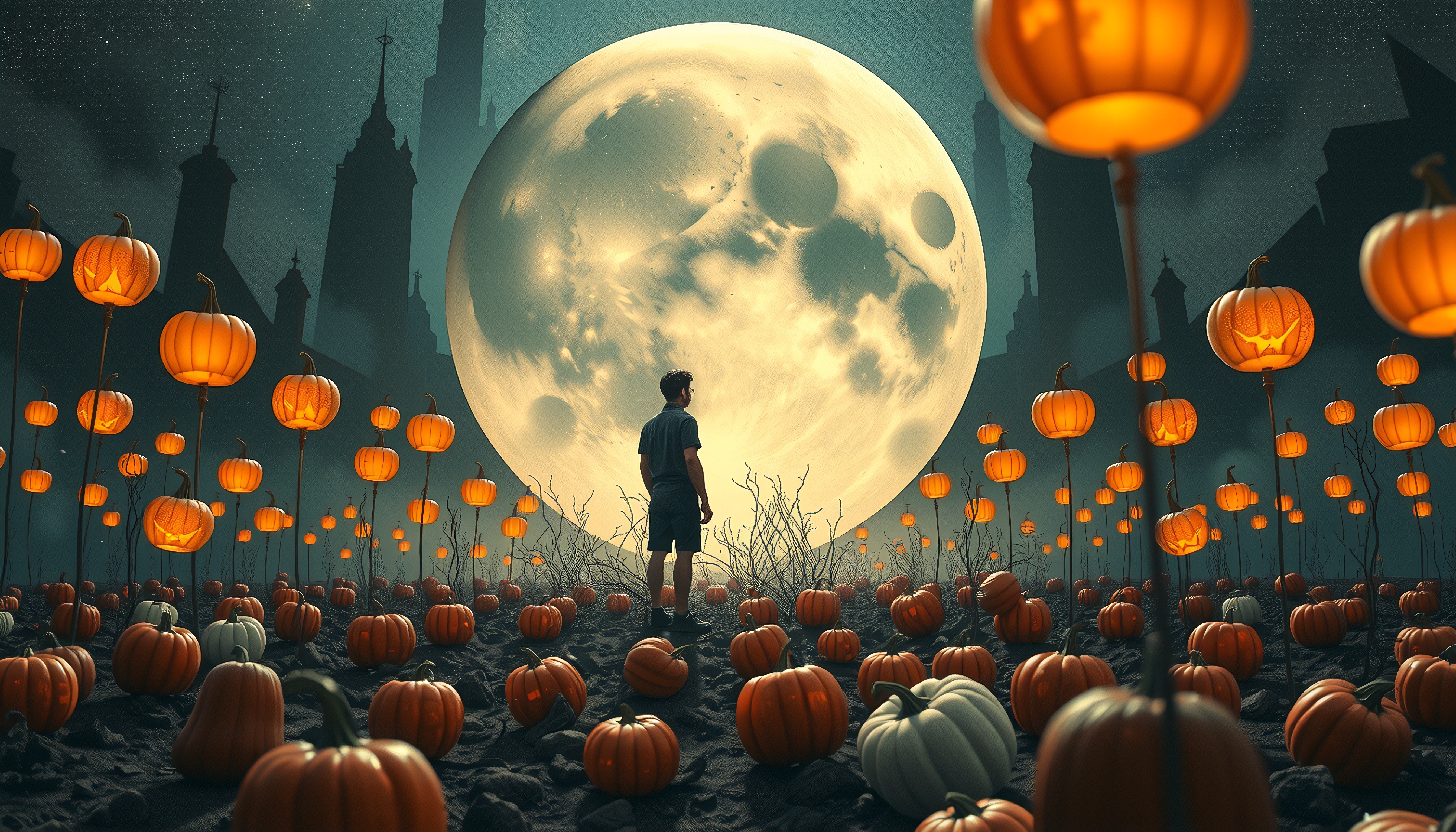 Giant Moon and Pumpkin Lanterns: Man's Solemn Gaze Under a Starry Night