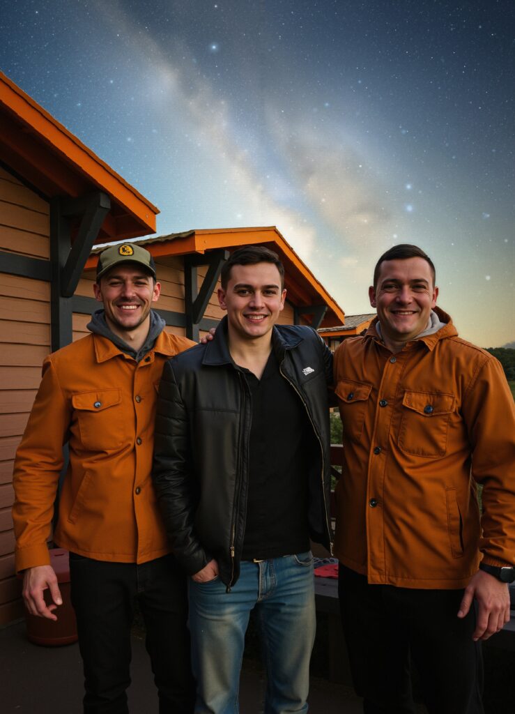 Three Men Posing at Cabin Under Starry Night Sky