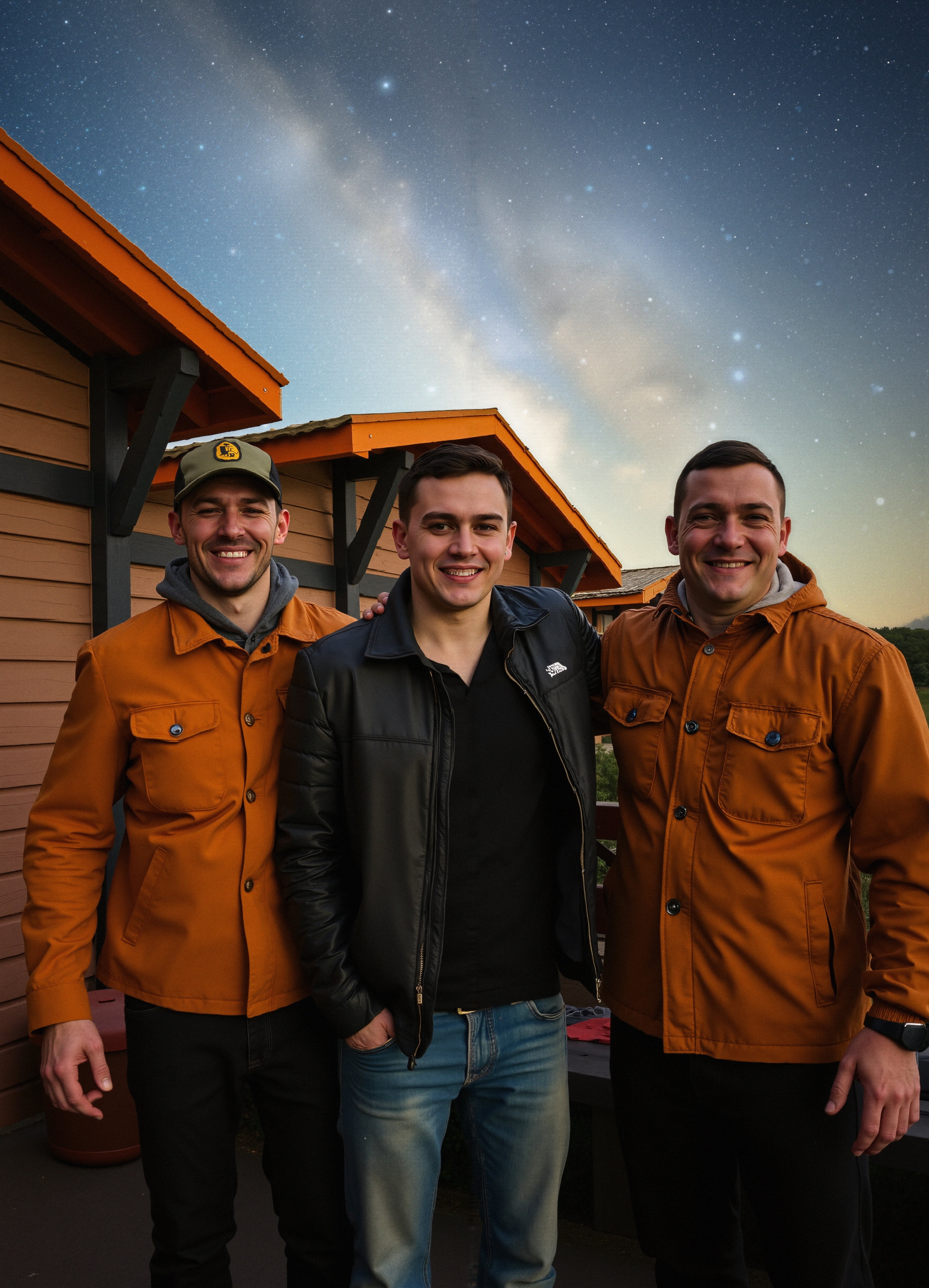 Three Men Posing at Cabin Under Starry Night Sky