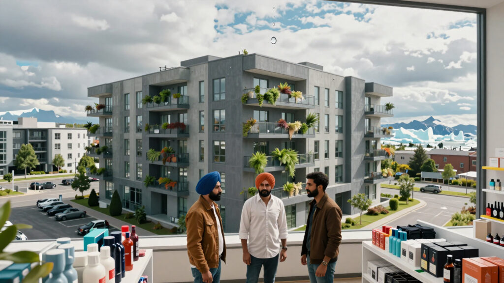 Three Men Discussing Urban Residential Development in Modern Store Setting