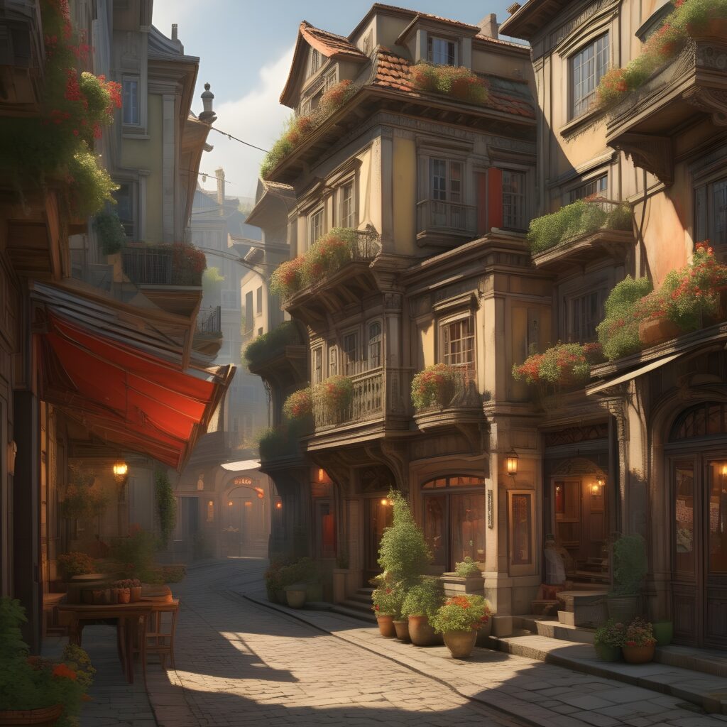 Sunlit European Street with Balcony Gardens and Flower Boxes