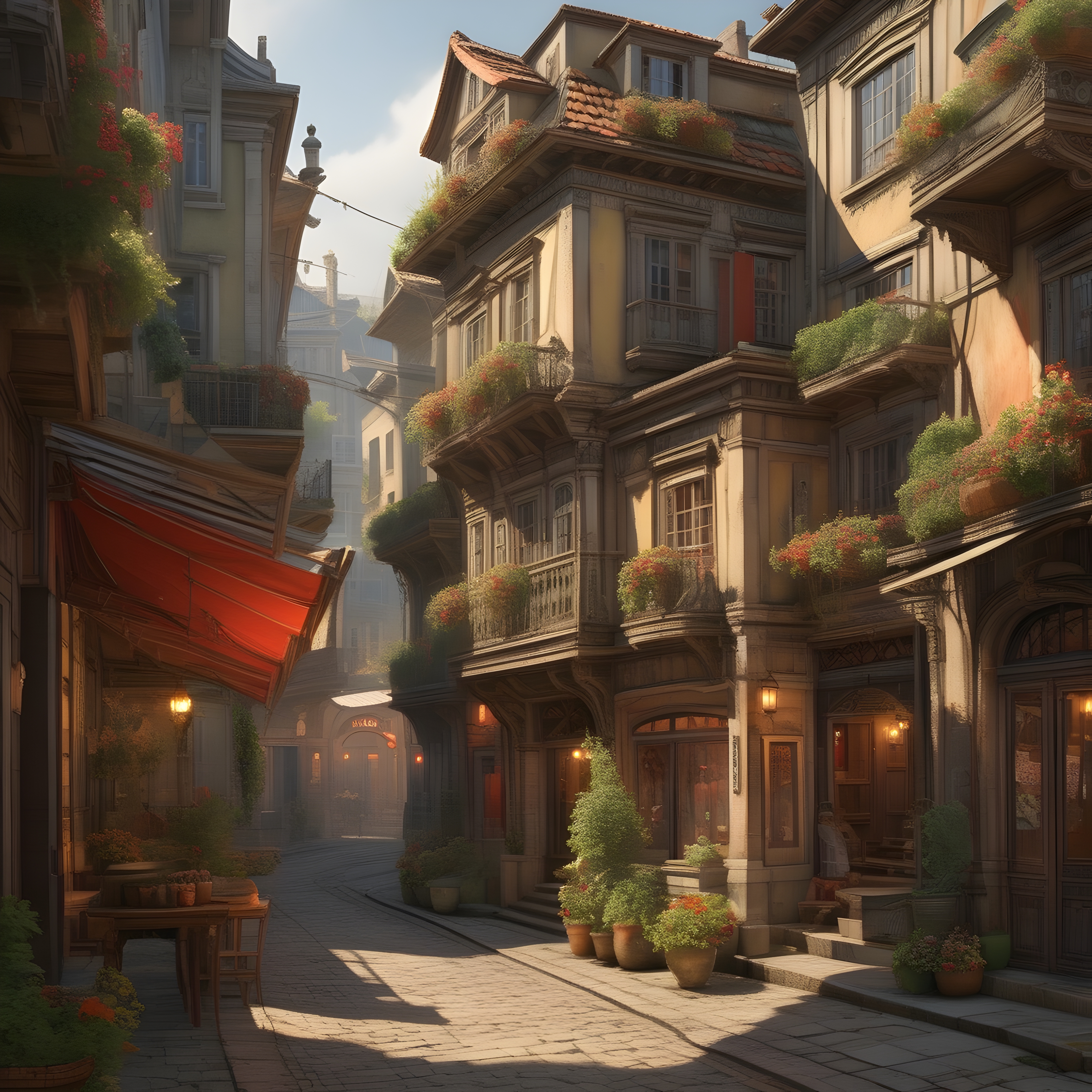Sunlit European Street with Balcony Gardens and Flower Boxes