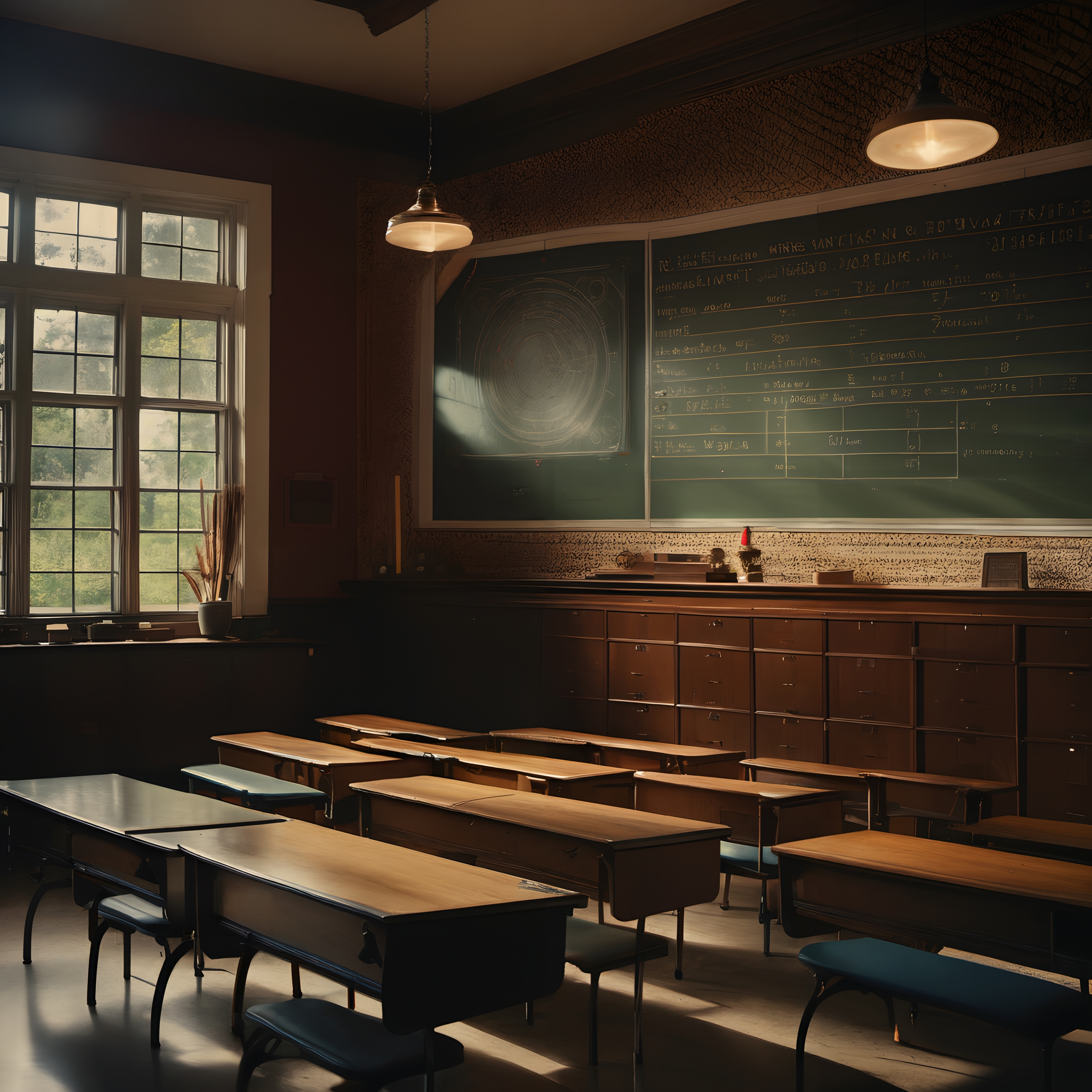 Vintage Classroom with Chalkboard and Sunlit Desks