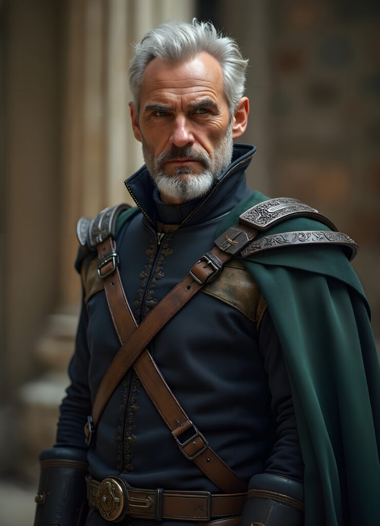 Elderly Nobleman in Dark Green Medieval-Inspired Attire