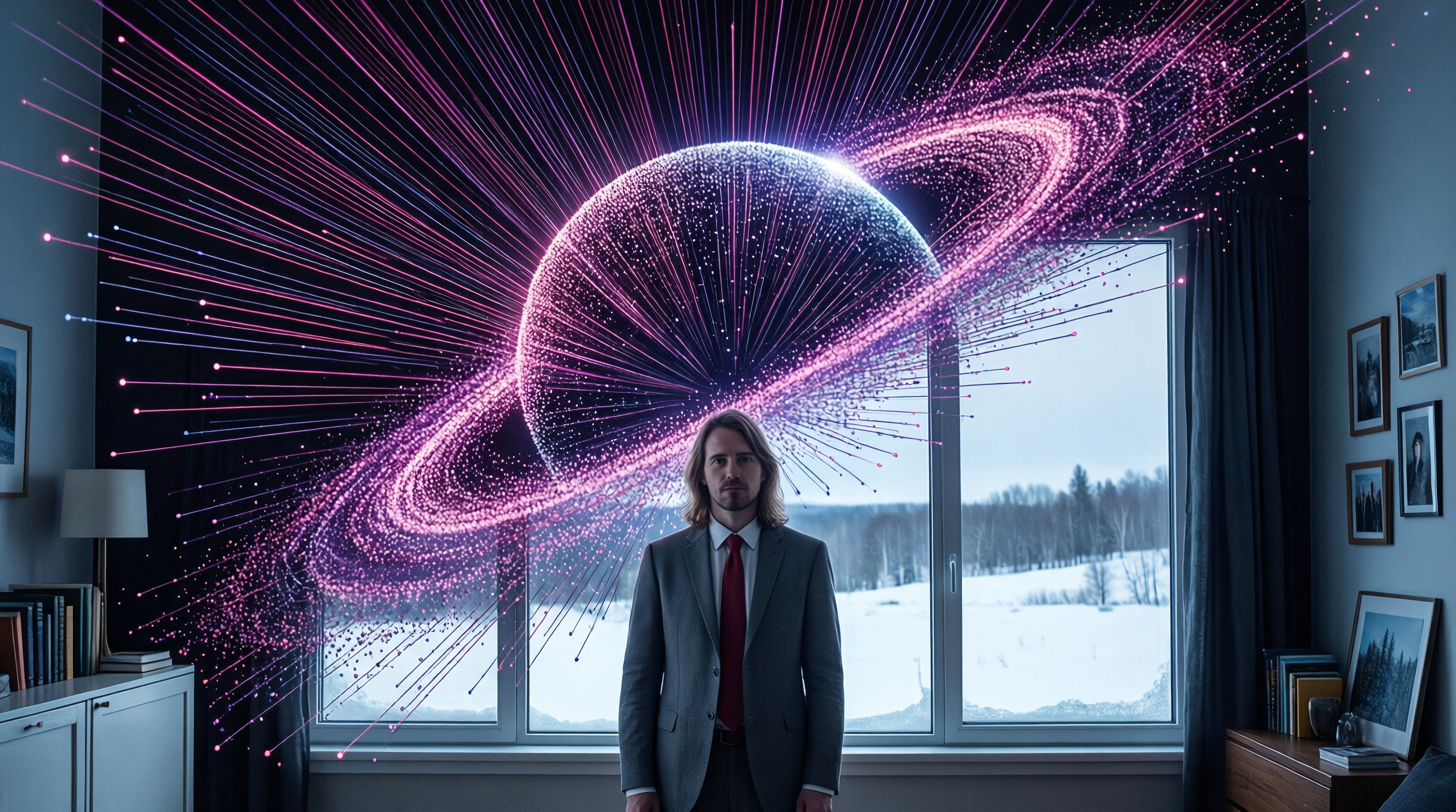 Man in Suit with Cosmic Digital Art in Modern Office