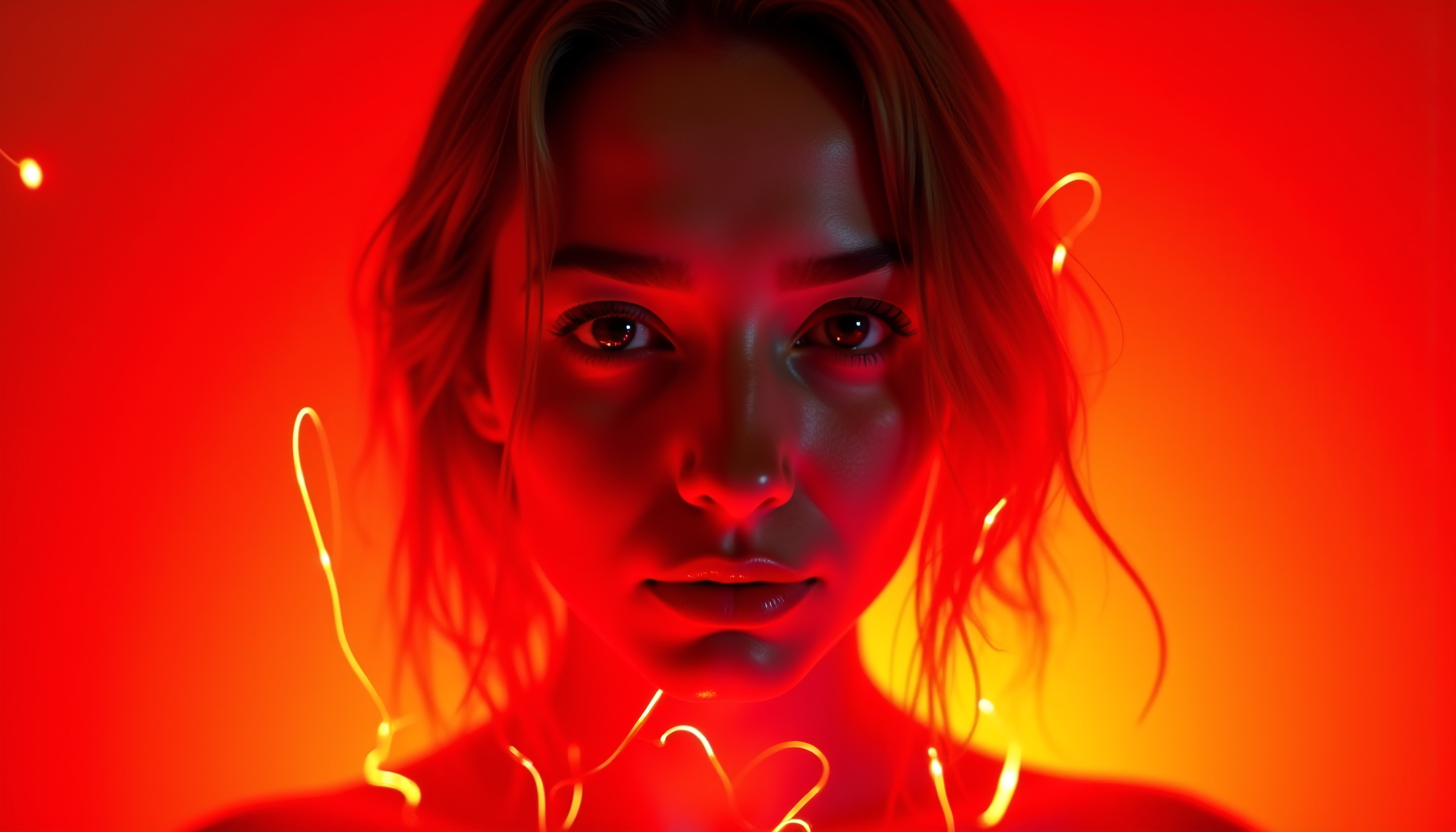 Close-up portrait of a woman illuminated by vibrant red and orange neon lights