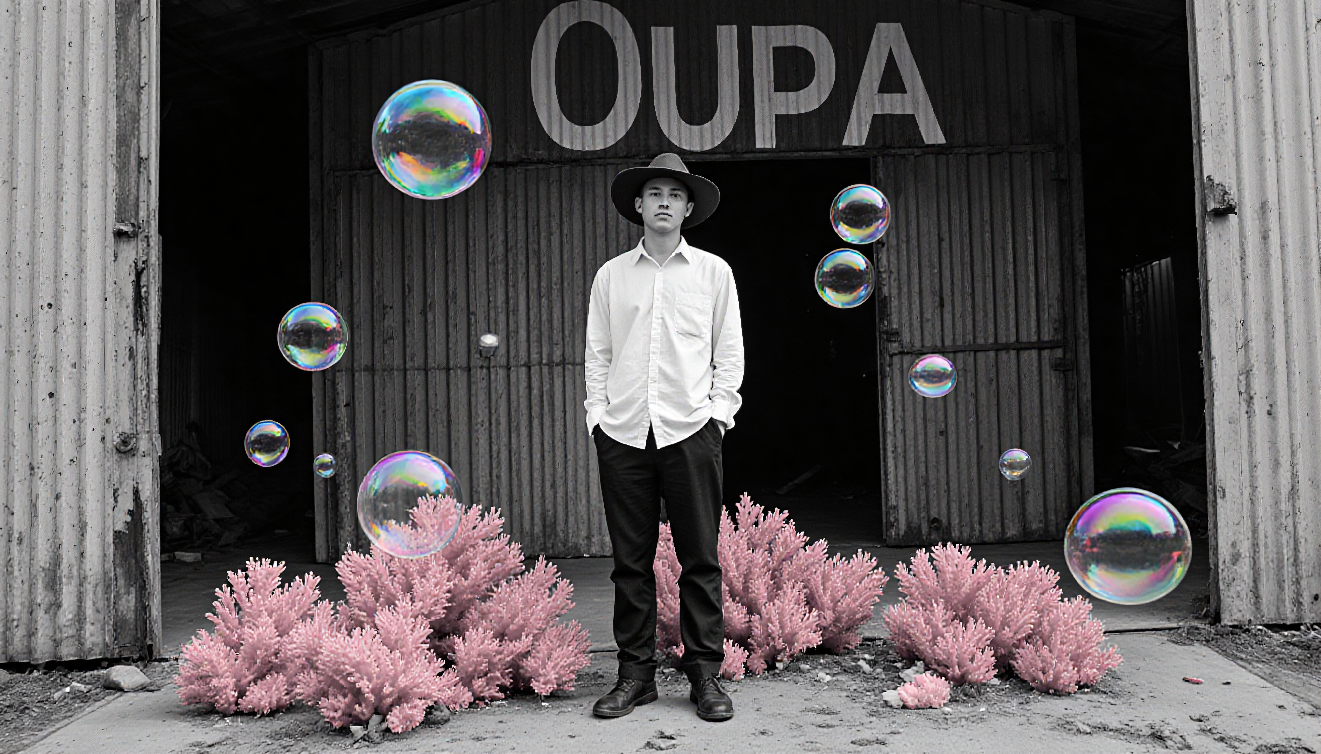 Man with Bubbles and Pink Coral in Industrial Warehouse