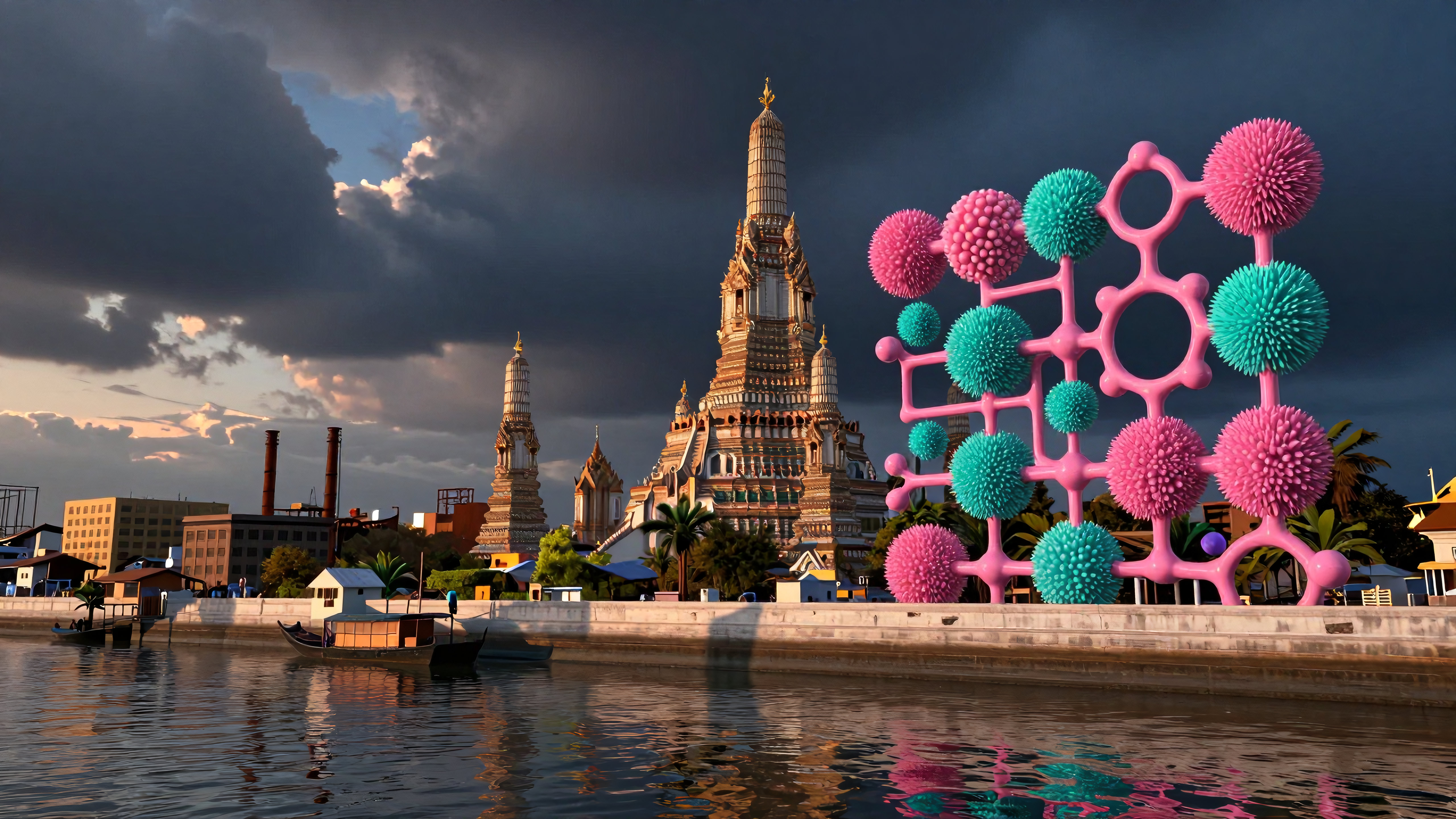 Bangkok's Wat Arun Temple and Contemporary Art Installation by River