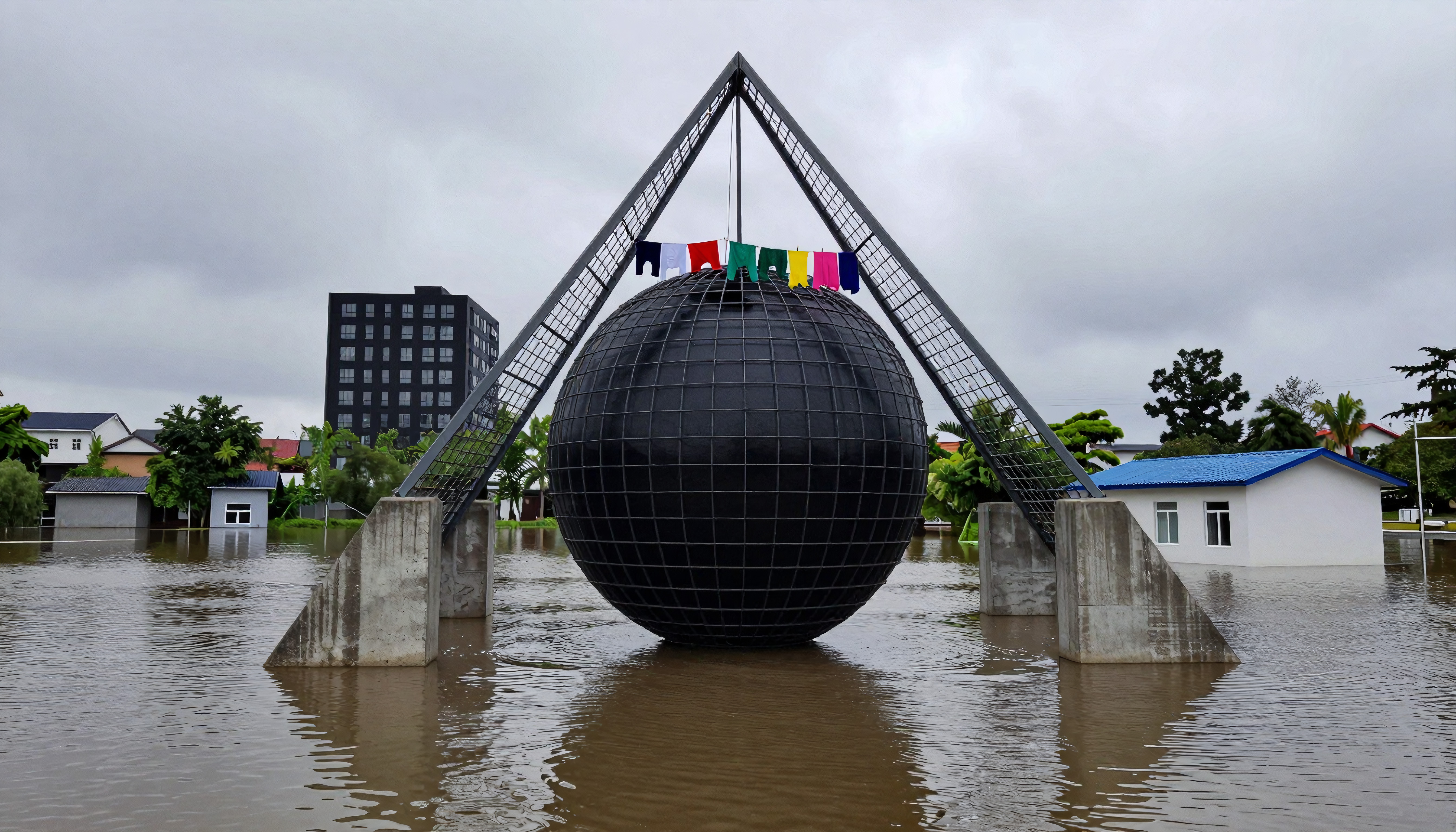 Large spherical sculpture submerged in flooded urban setting under overcast sky