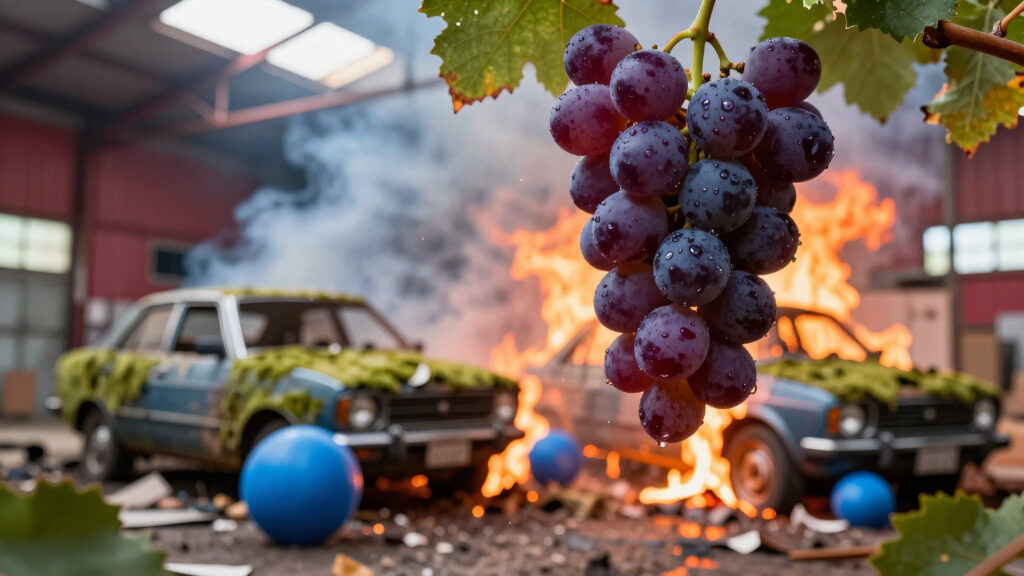 Grapes Over Burning Cars in Industrial Warehouse