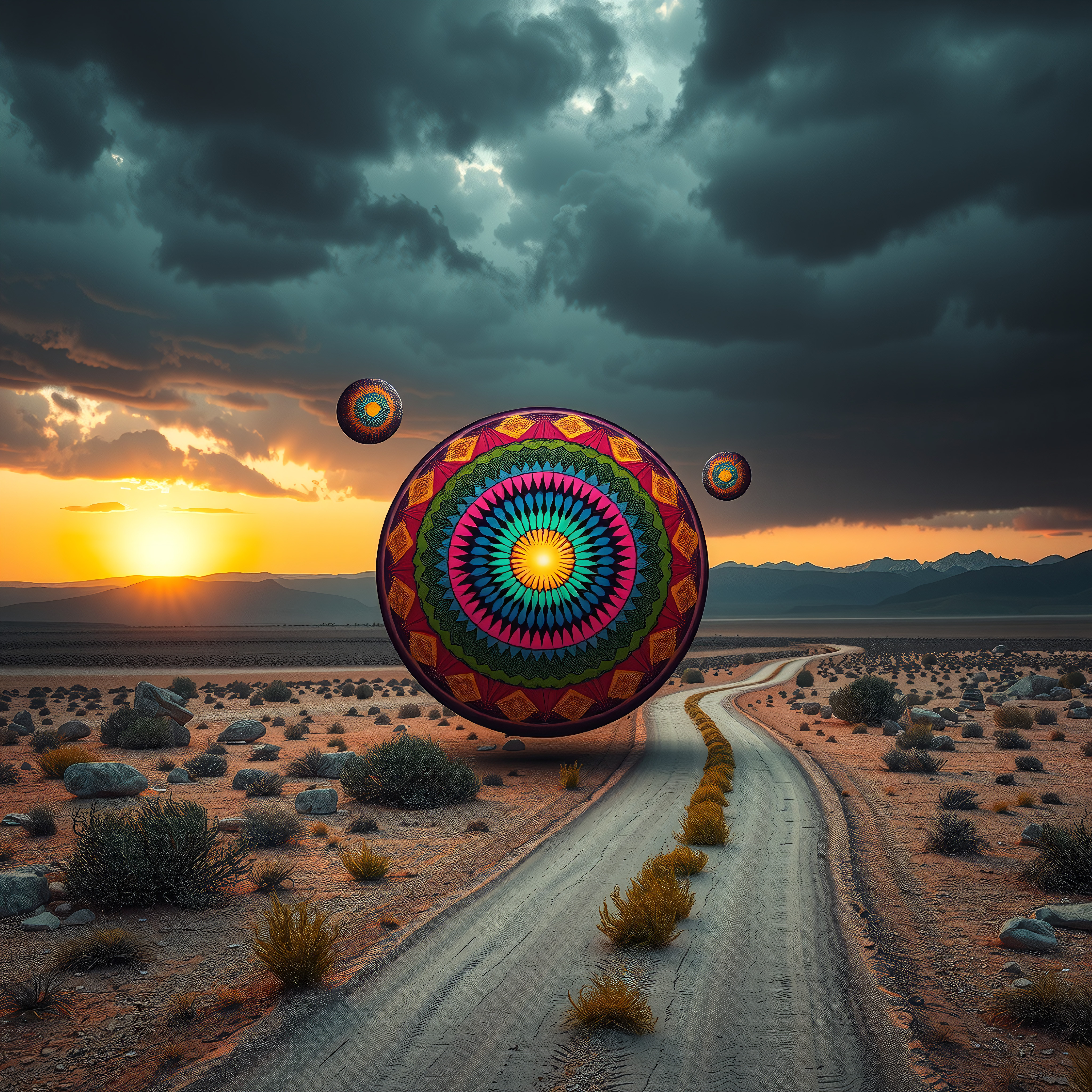 Mystical Landscape with Floating Mandala Orbs at Sunset