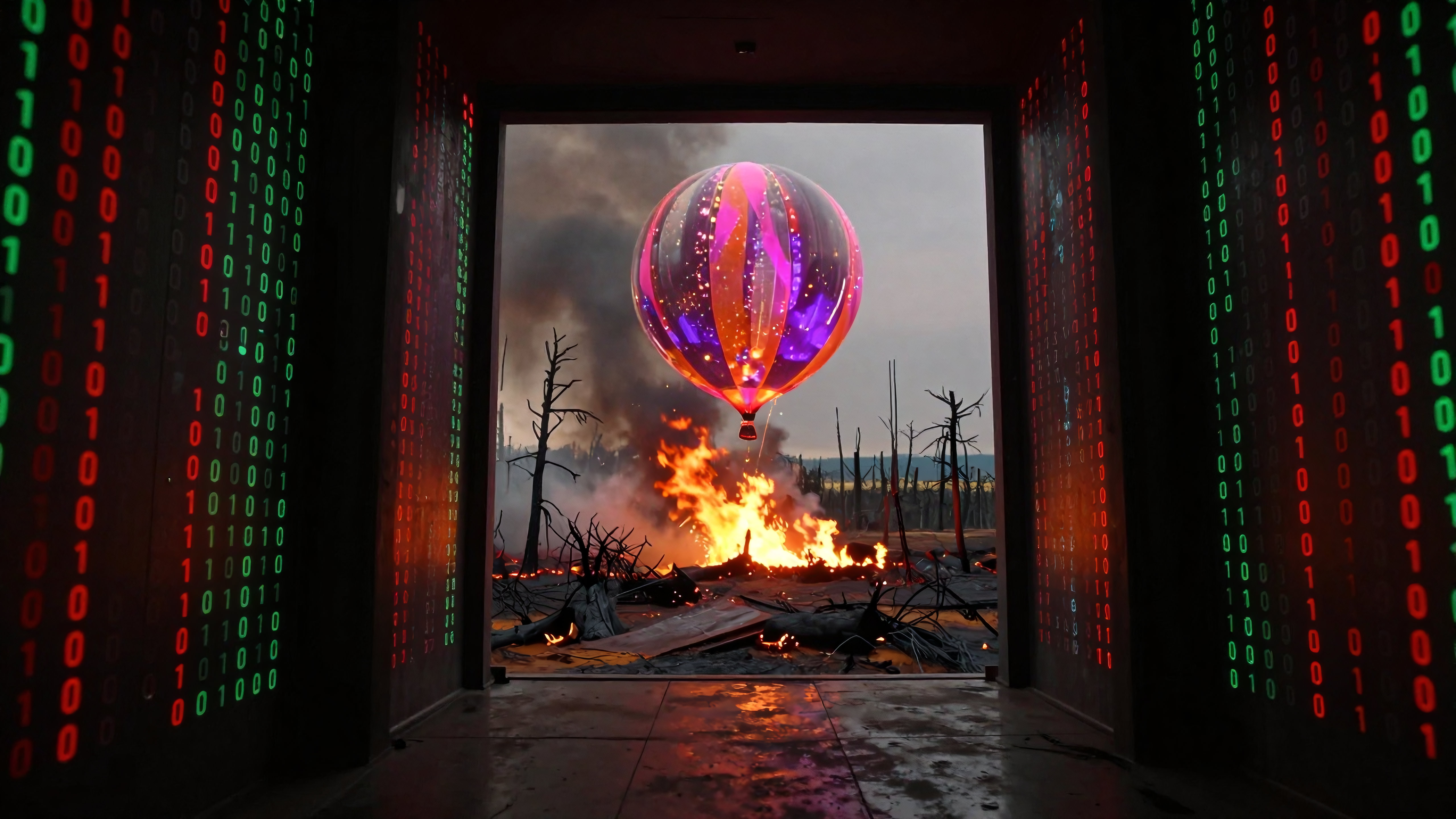 Digital Corridor with Glowing Hot Air Balloon Over Apocalyptic Landscape
