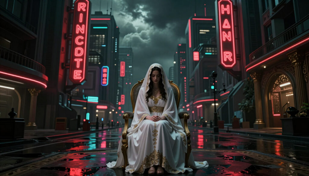 Regal Woman in White Gown on Golden Throne Amidst Neon Futuristic Cityscape