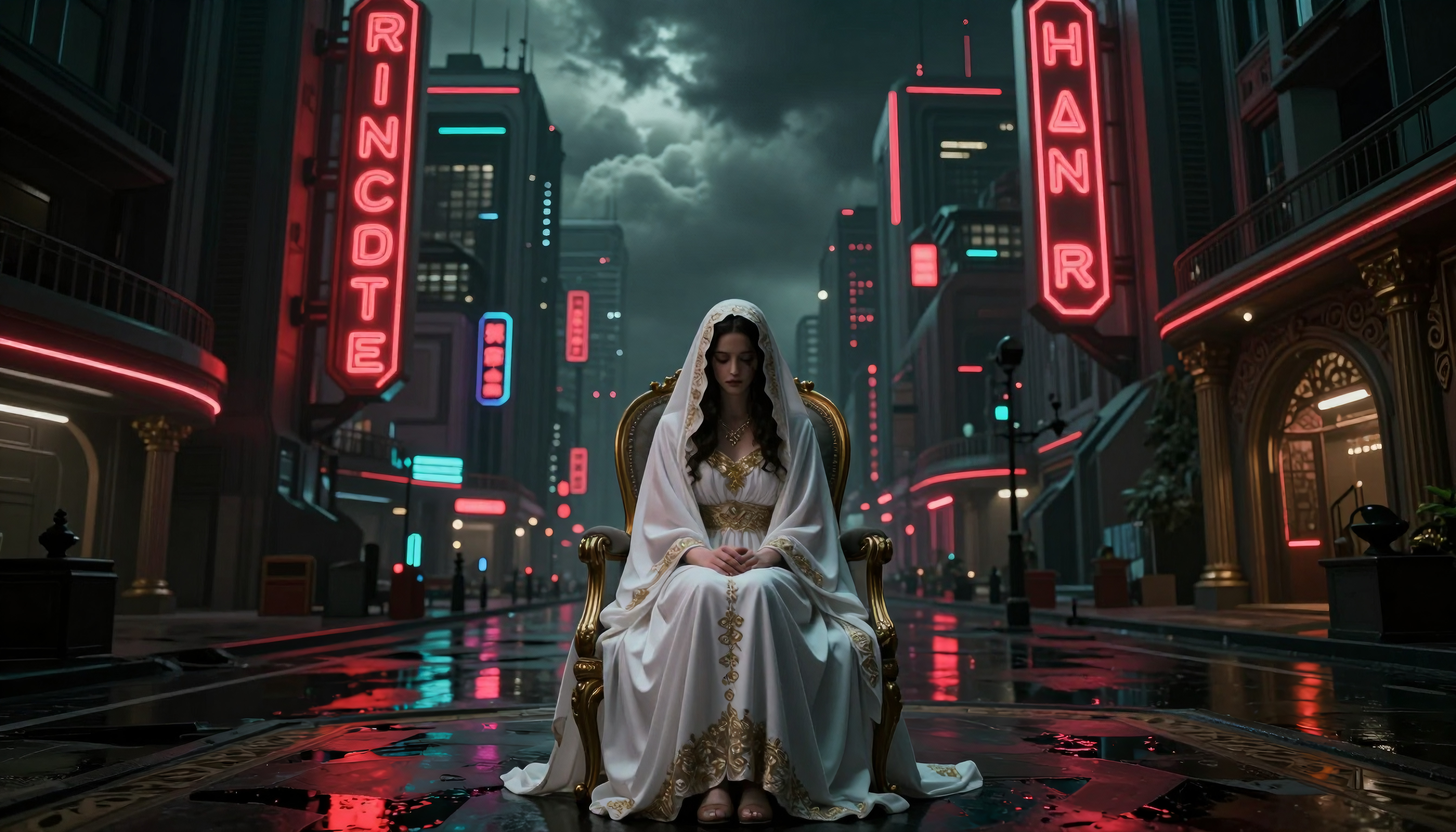 Regal Woman in White Gown on Golden Throne Amidst Neon Futuristic Cityscape