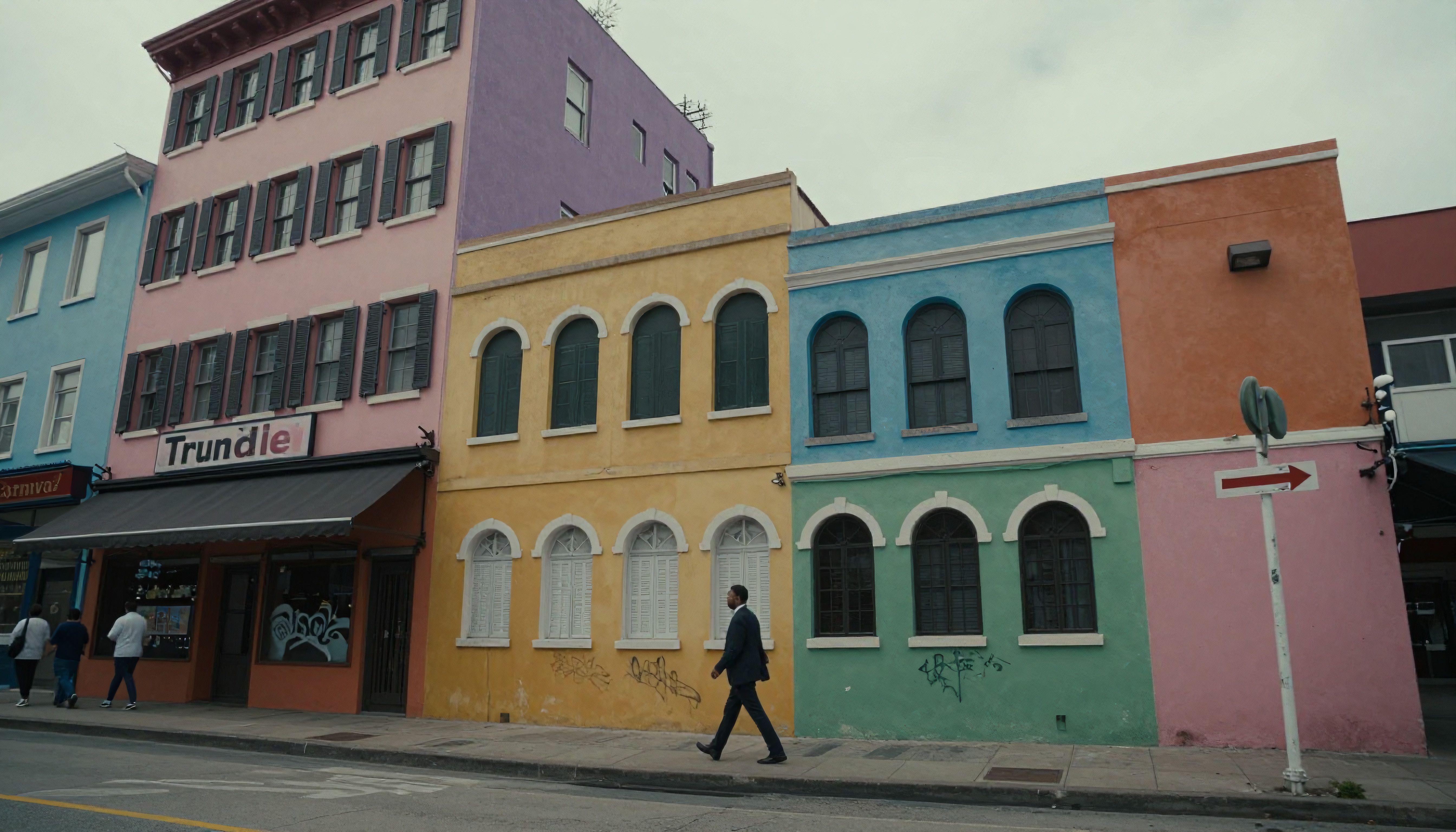 Colorful Urban Street with Vibrant Buildings and Pedestrians