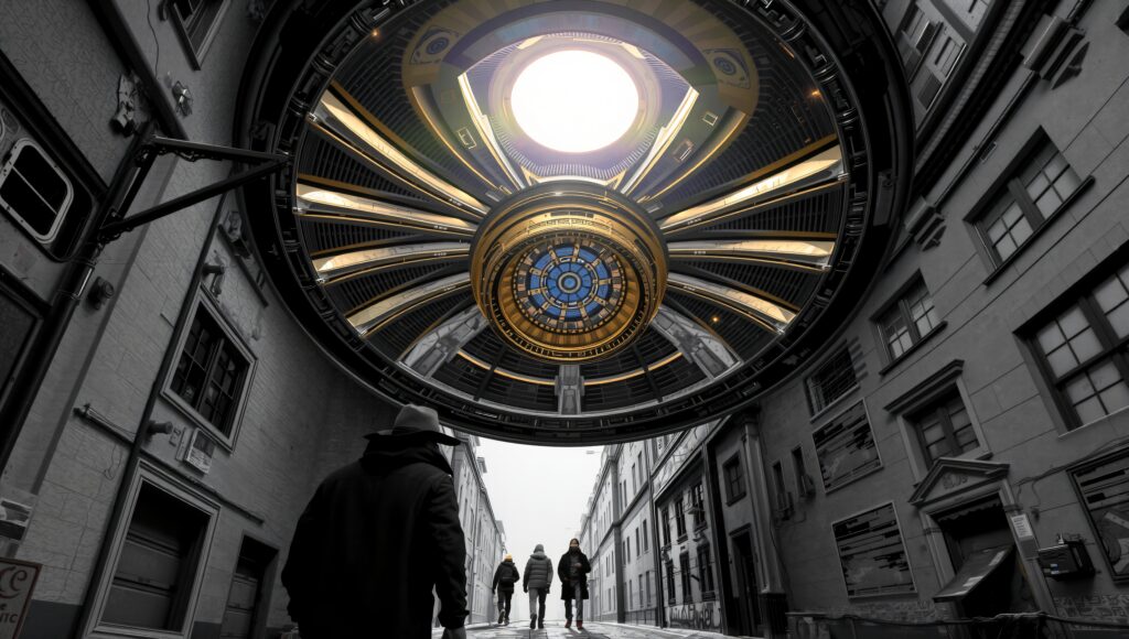 Futuristic Dome Over Urban Alley with Silhouetted Figures