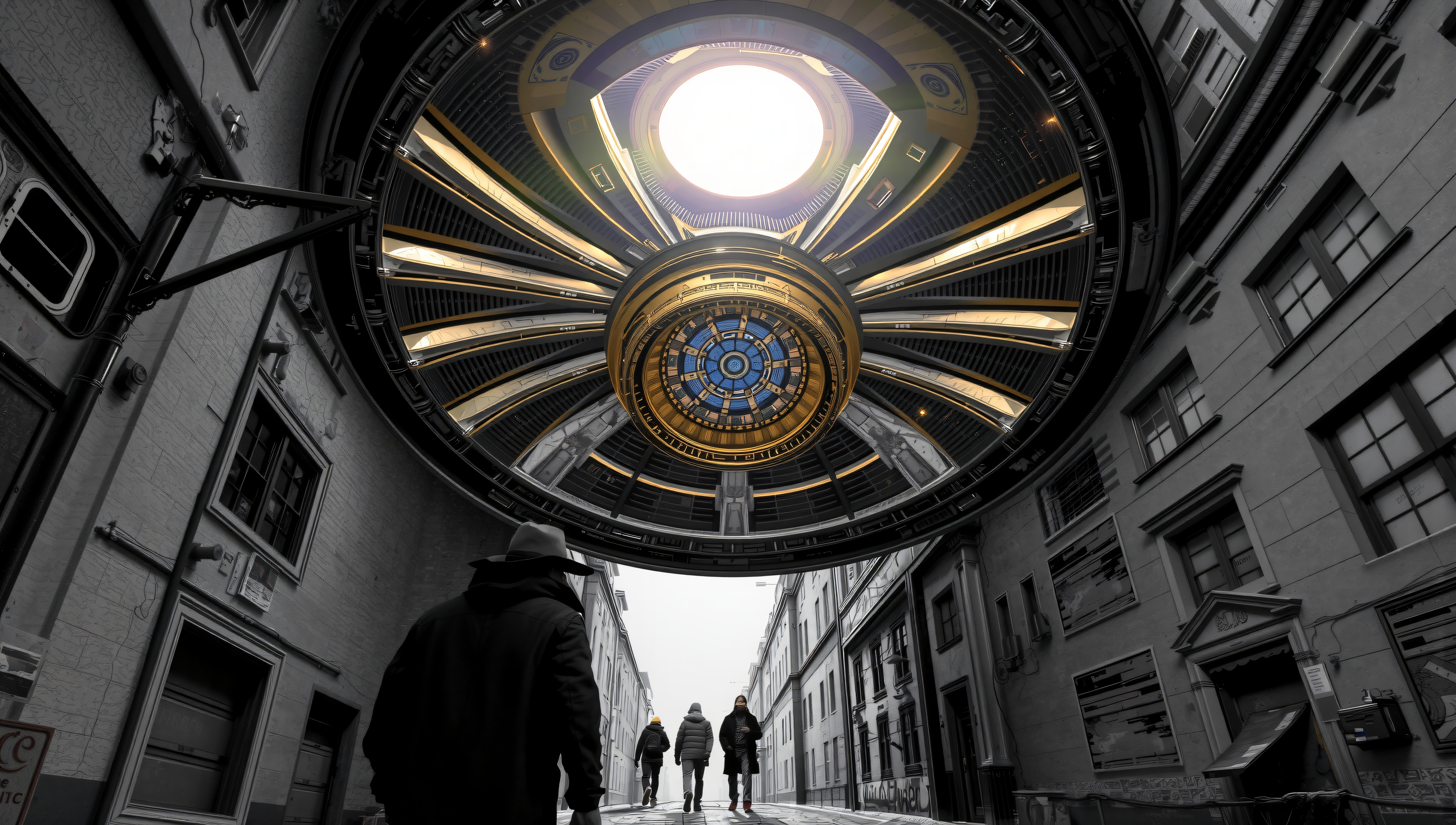 Futuristic Dome Over Urban Alley with Silhouetted Figures