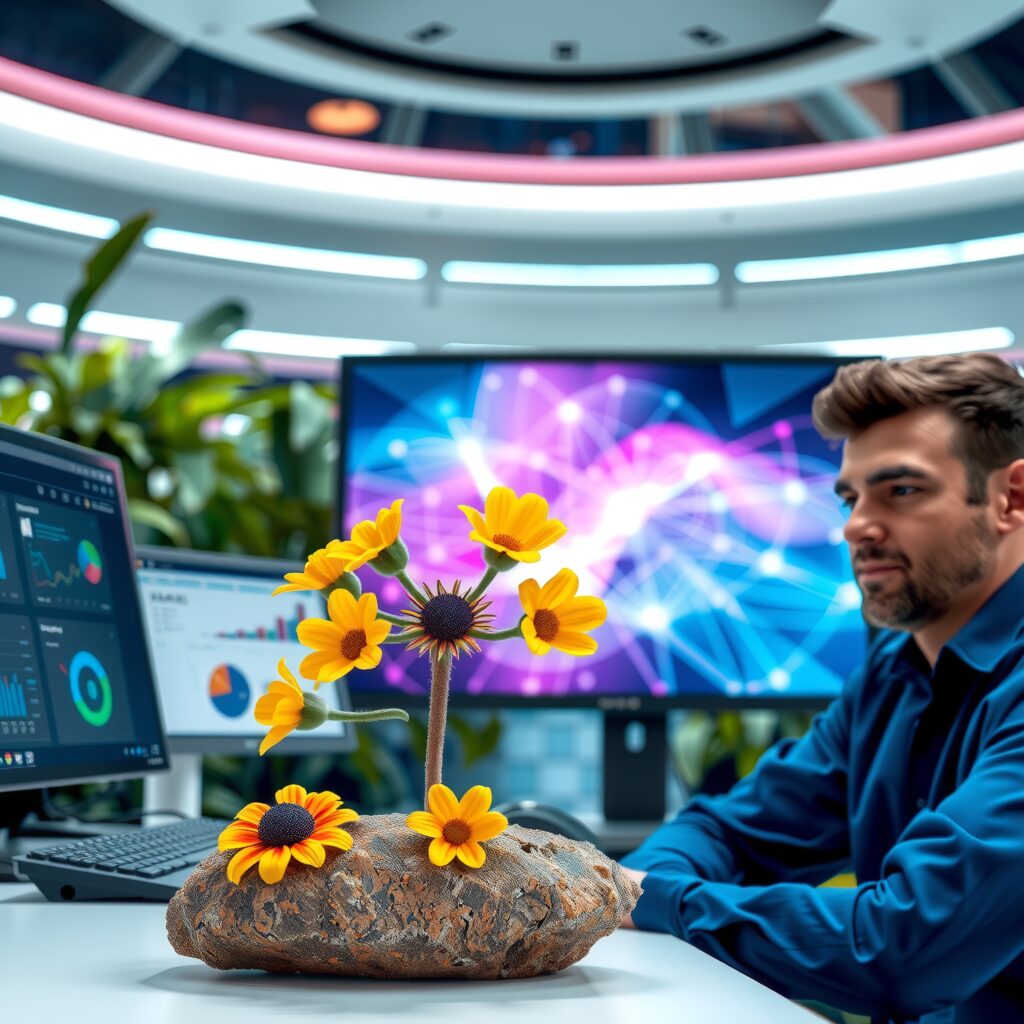 Business Growth and Innovation Concept: Man Analyzing Data with Flowers on Rock