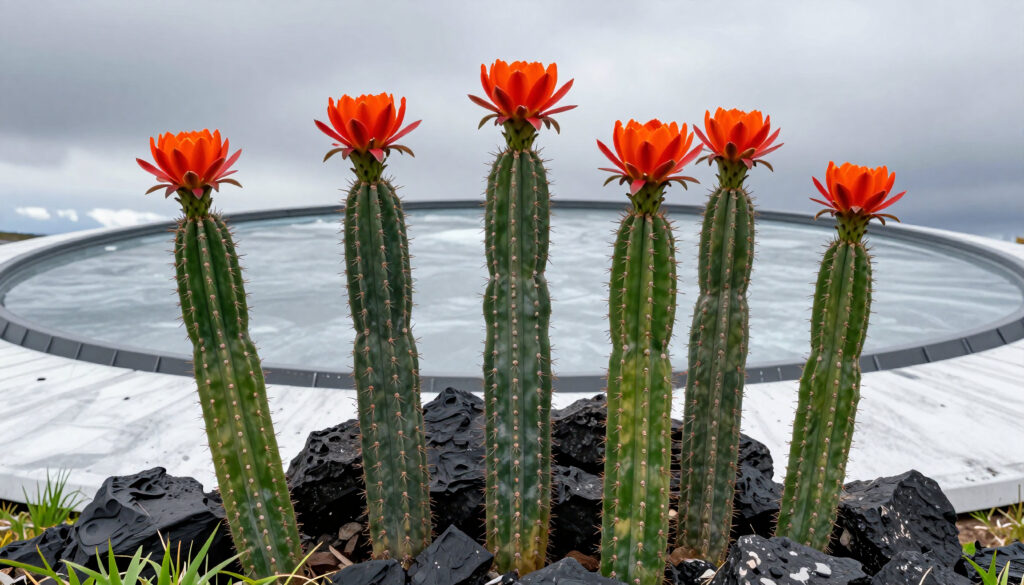 Six Orange-Flowered Cacti in Modern Garden Setting