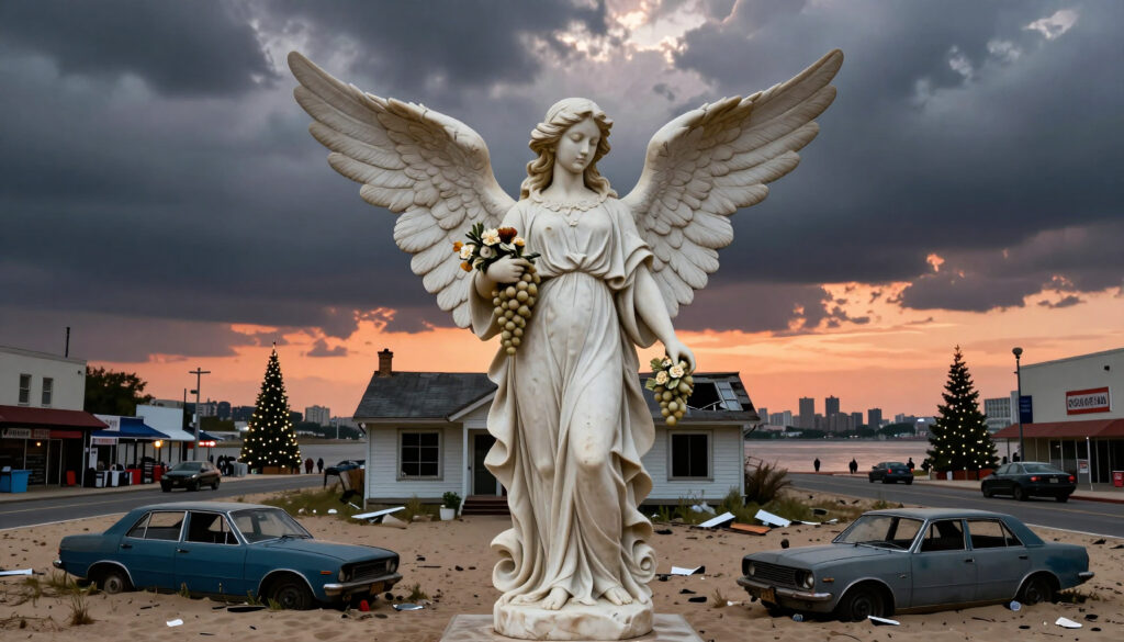 Angel Statue in Urban Sunset Landscape with Vintage Cars and Stormy Skies