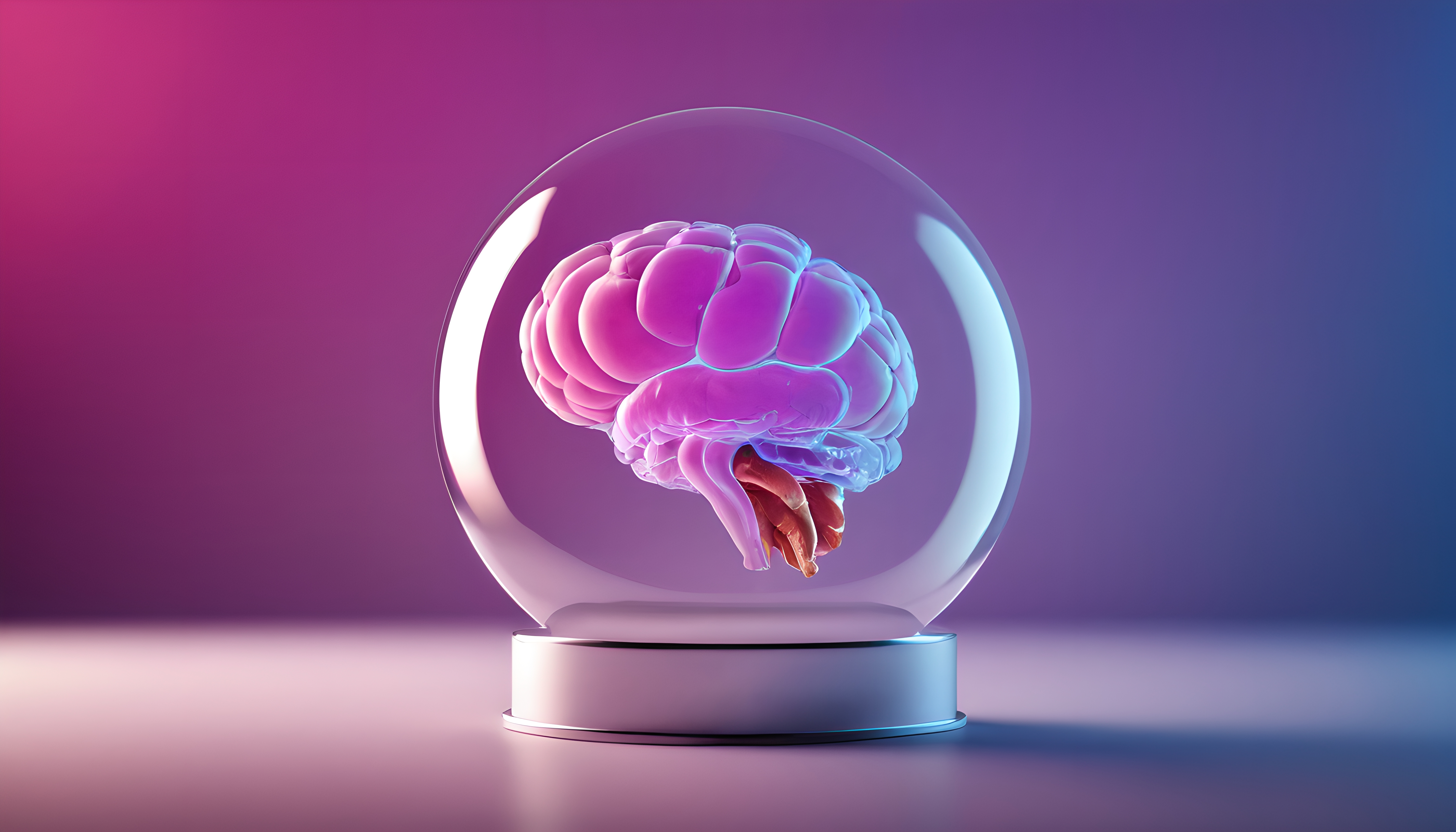 Human Brain in Glass Sphere with Purple Gradient Background