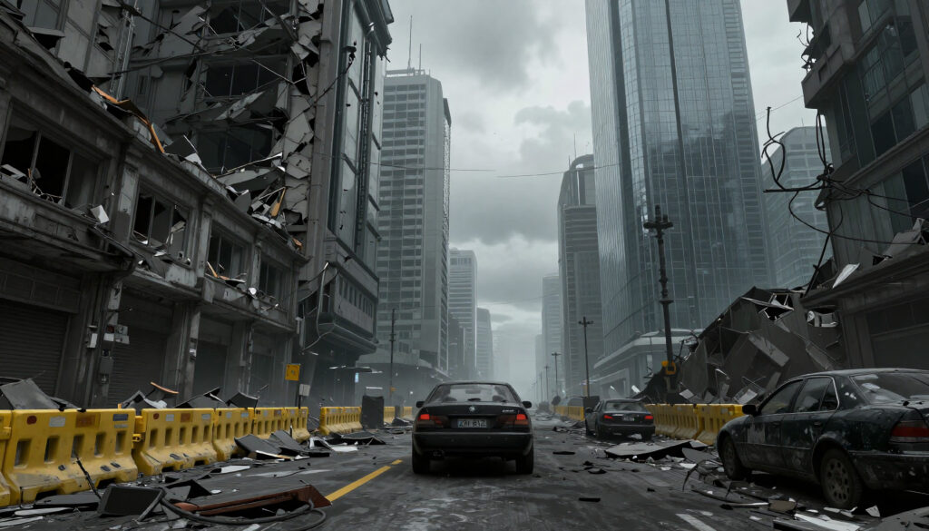 Apocalyptic Urban Ruins with Destroyed Skyscrapers and Debris