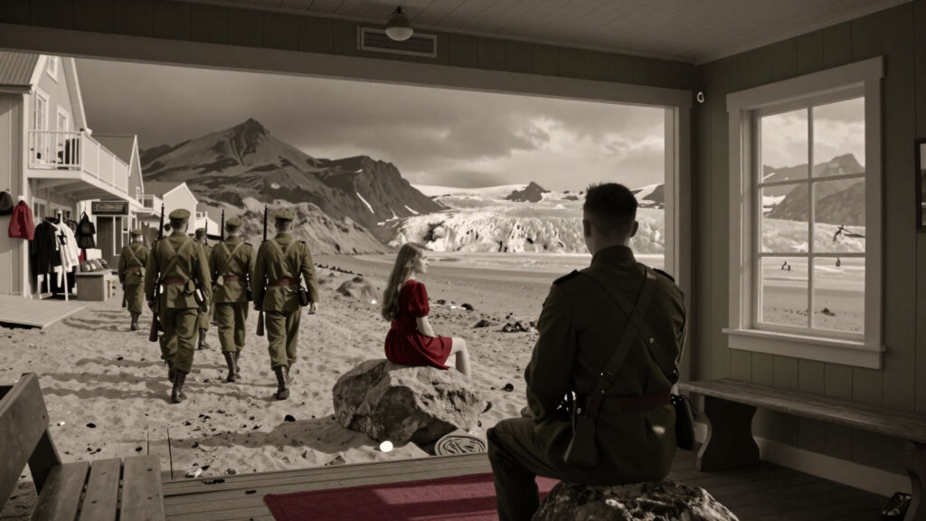Soldiers and a girl in a red dress observing a glacier landscape through a building window