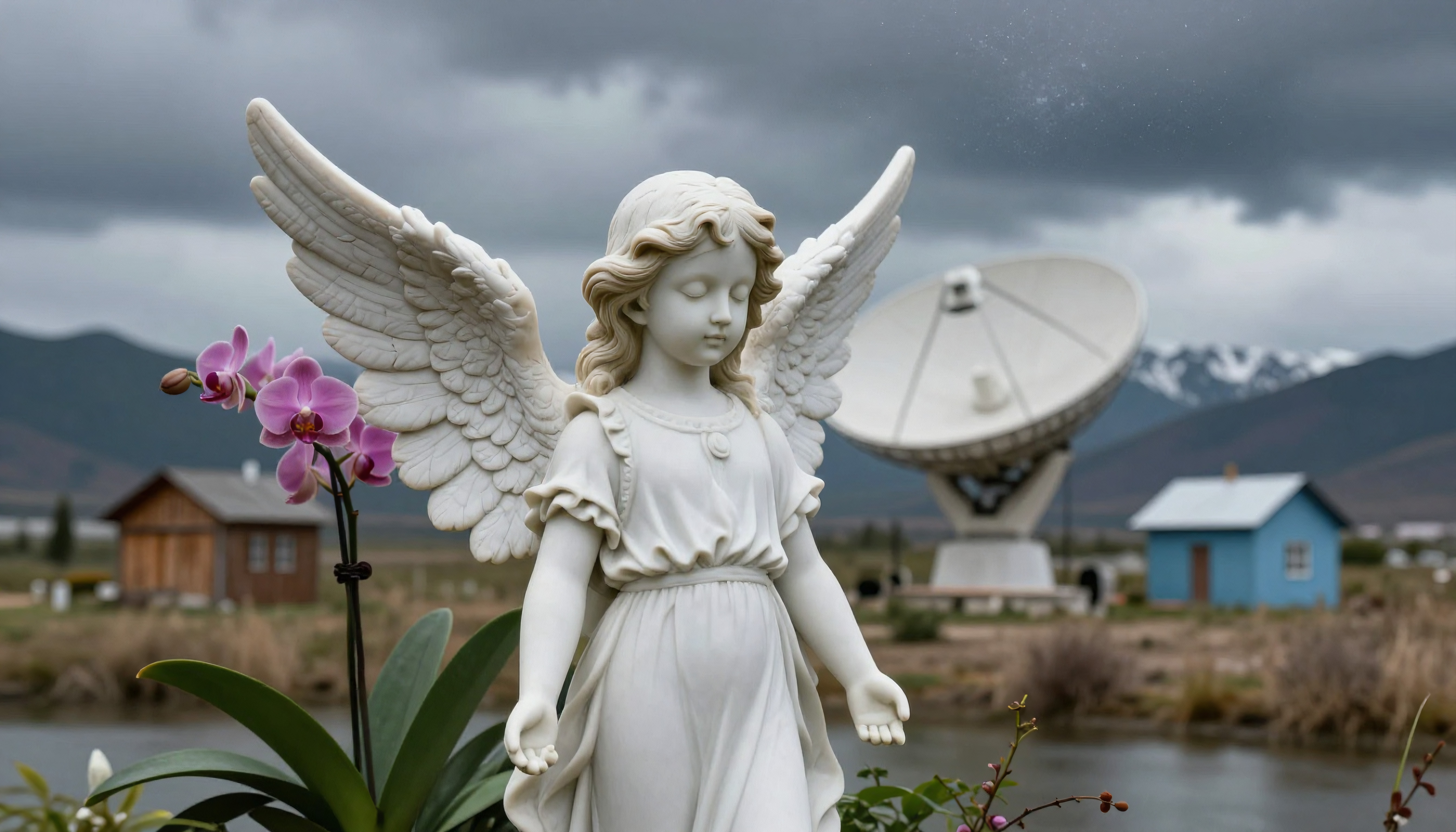 Angel Statue Amidst Mountain Landscape with Satellite Dish and Pink Orchids