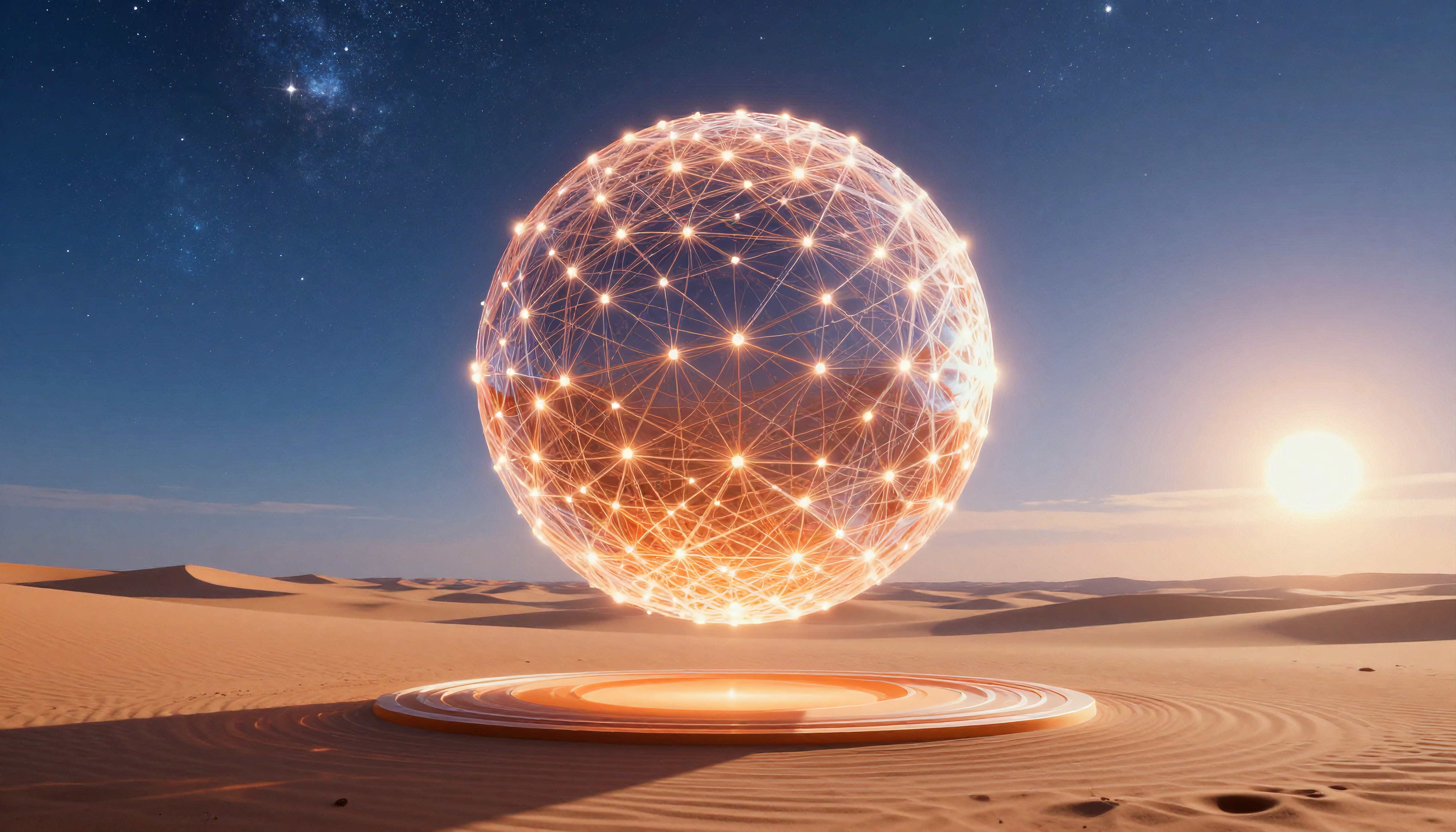 Glowing Geometric Sphere in Desert Under Starry Sky and Sunset