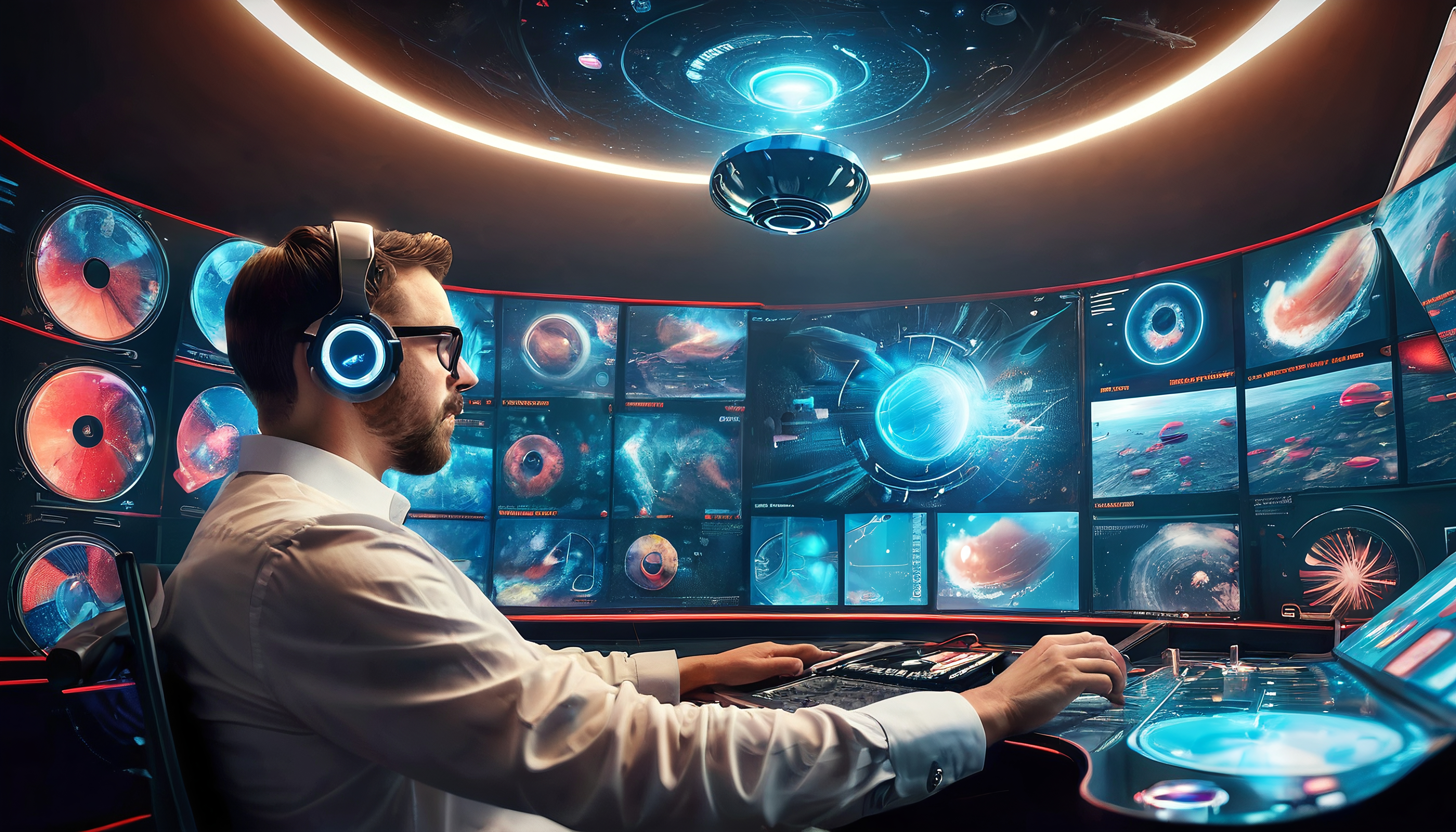 Visionary Man Analyzing Data in a Futuristic Command Center