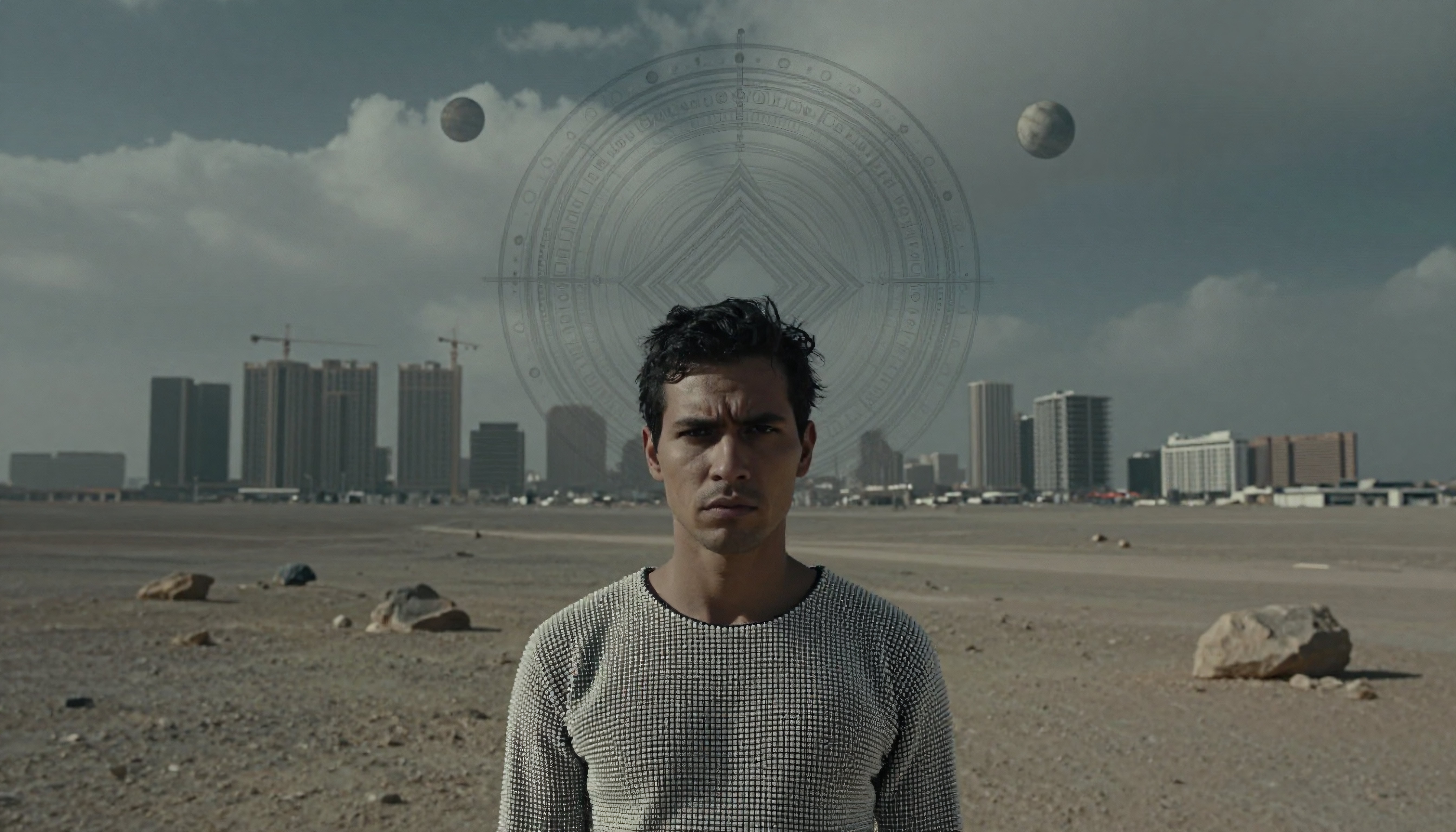 Mysterious Urban Scene with Man, Celestial Orbs, and Mystical Symbol Against City Skyline