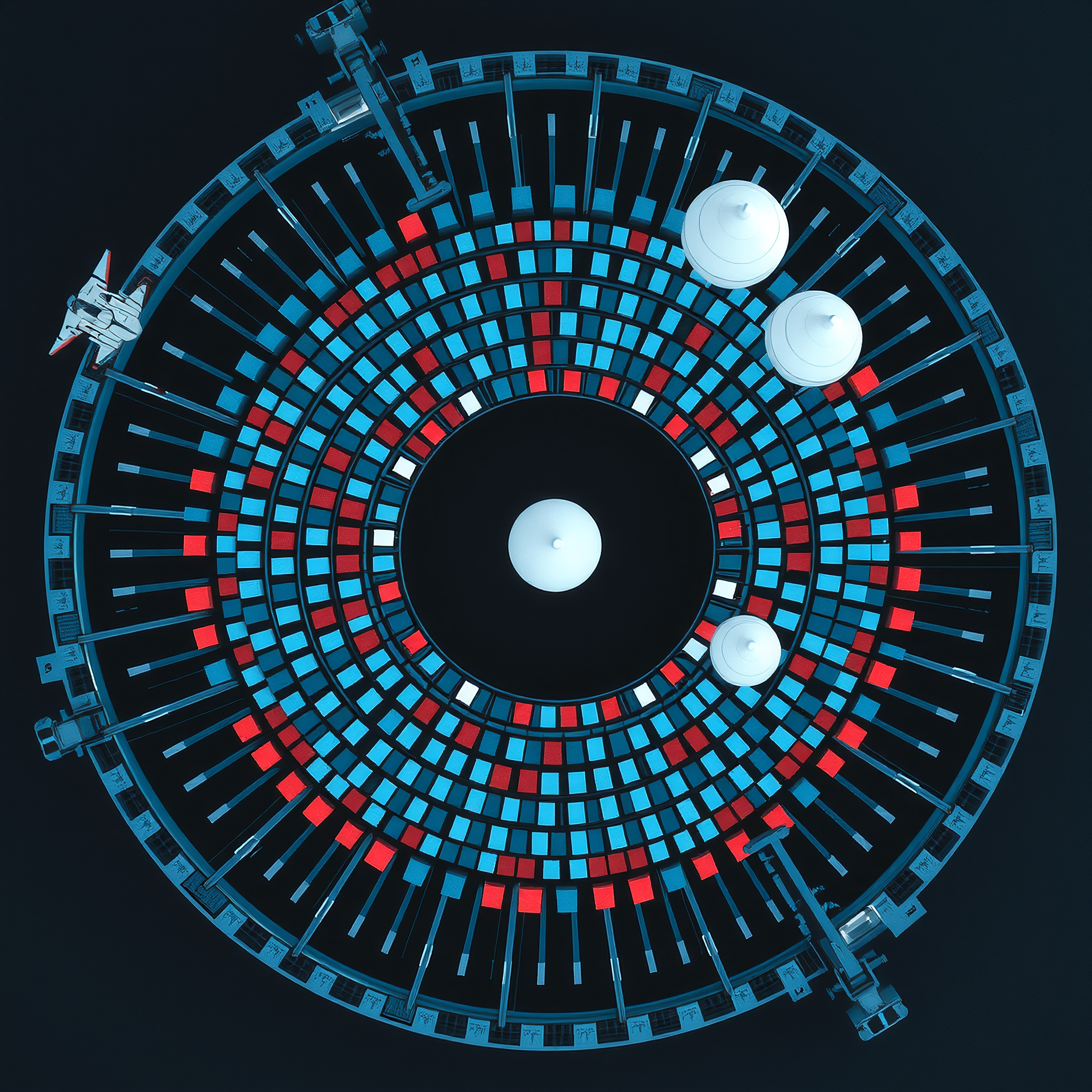Futuristic Space Station Circular Module with Red and Blue Panels