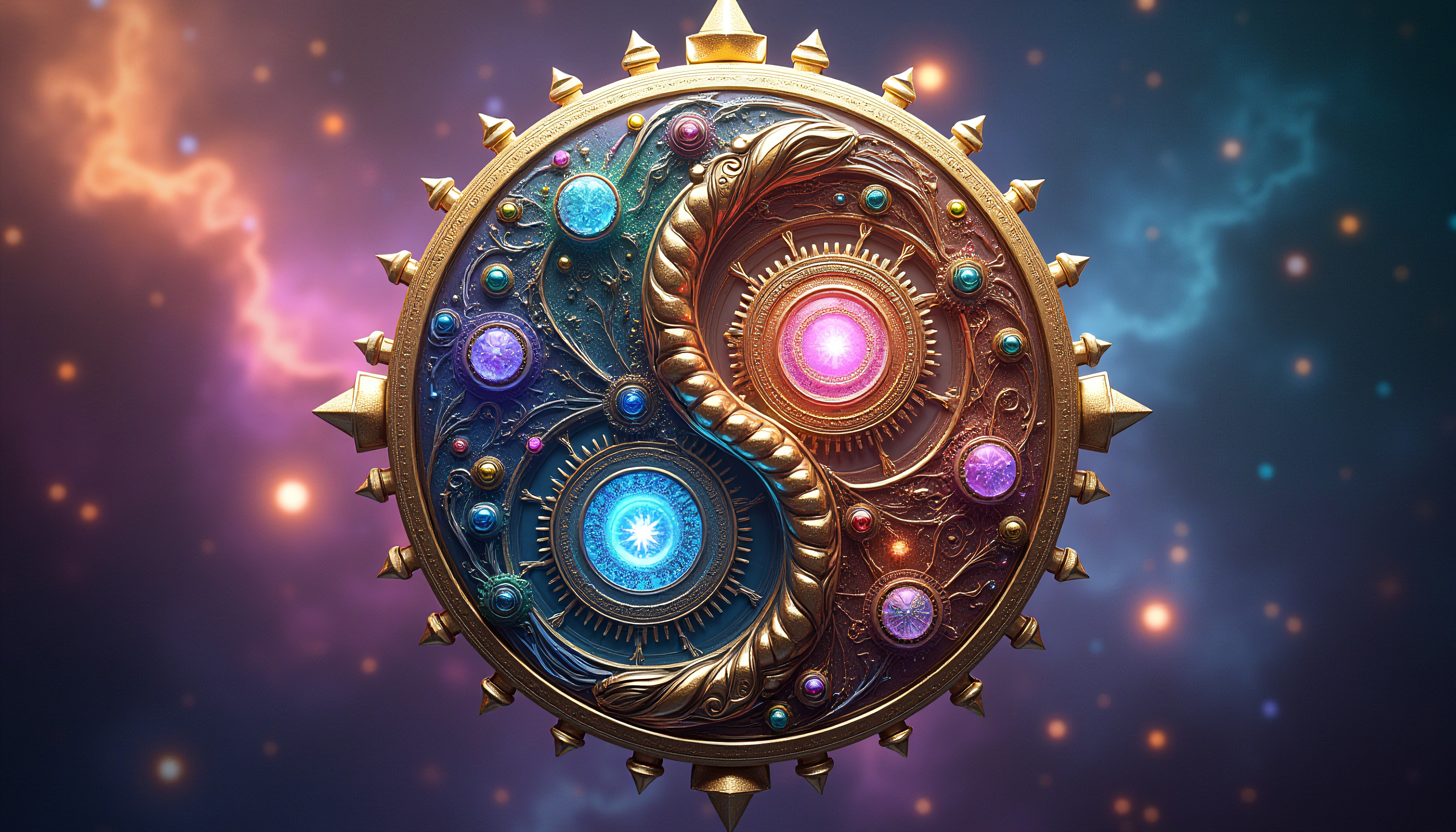 Cosmic Yin-Yang Mechanical Artifact Against Nebula Backdrop