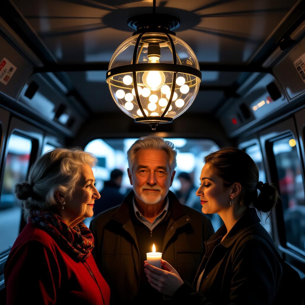 Intimate Moment on Train with Candlelight and Vintage Lighting