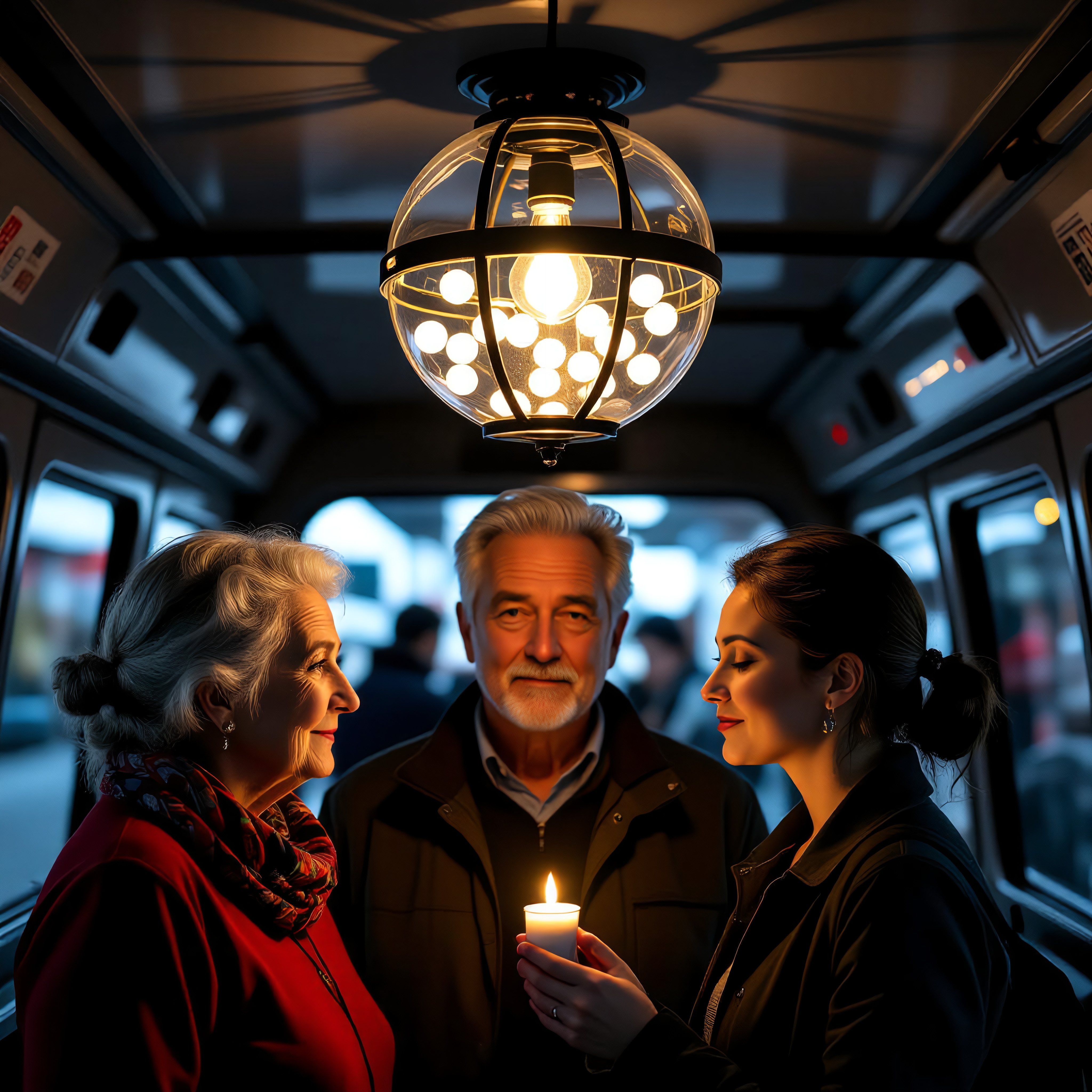 Intimate Moment on Train with Candlelight and Vintage Lighting
