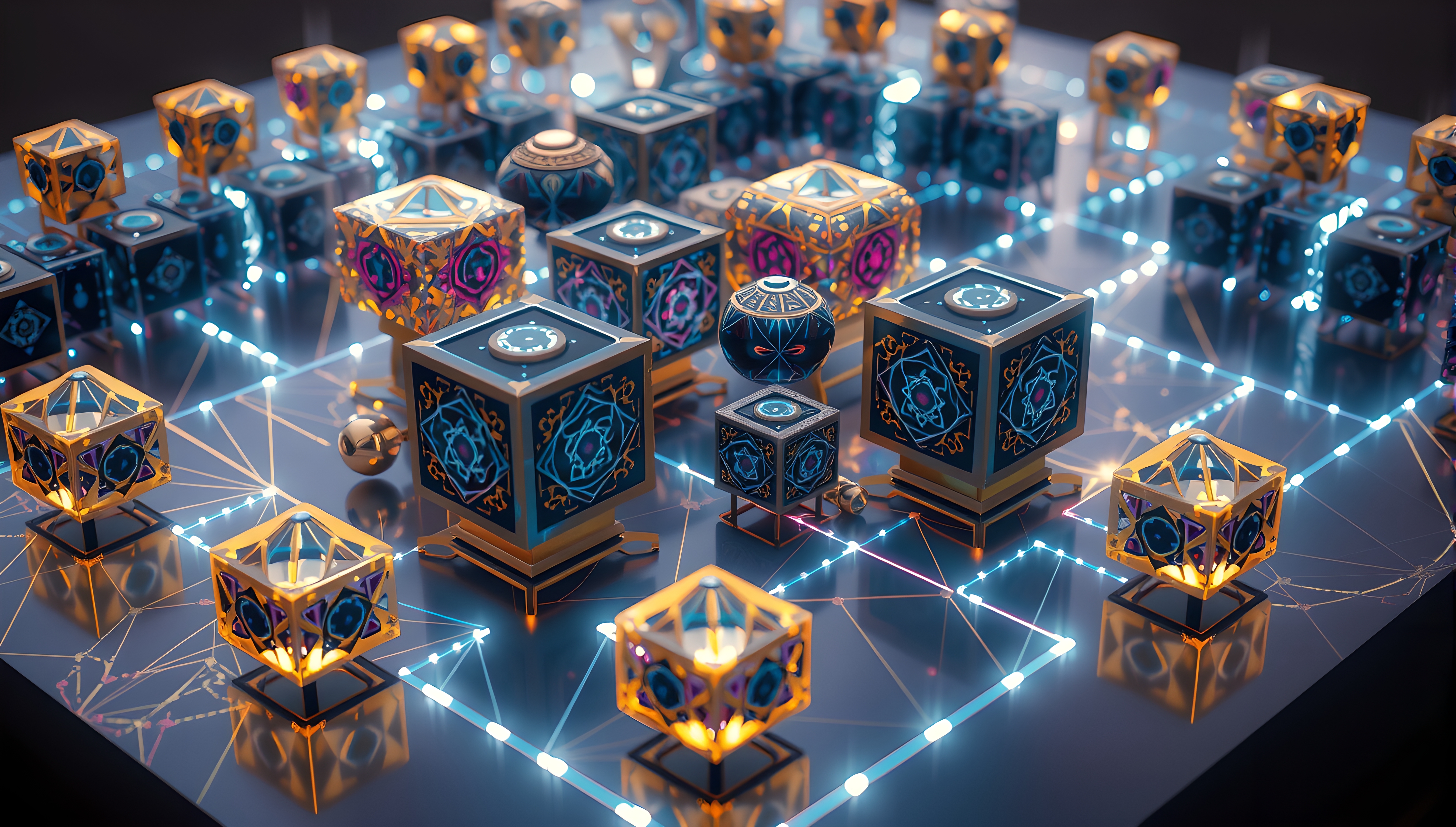 Glowing Geometric Tech Components on Reflective Surface