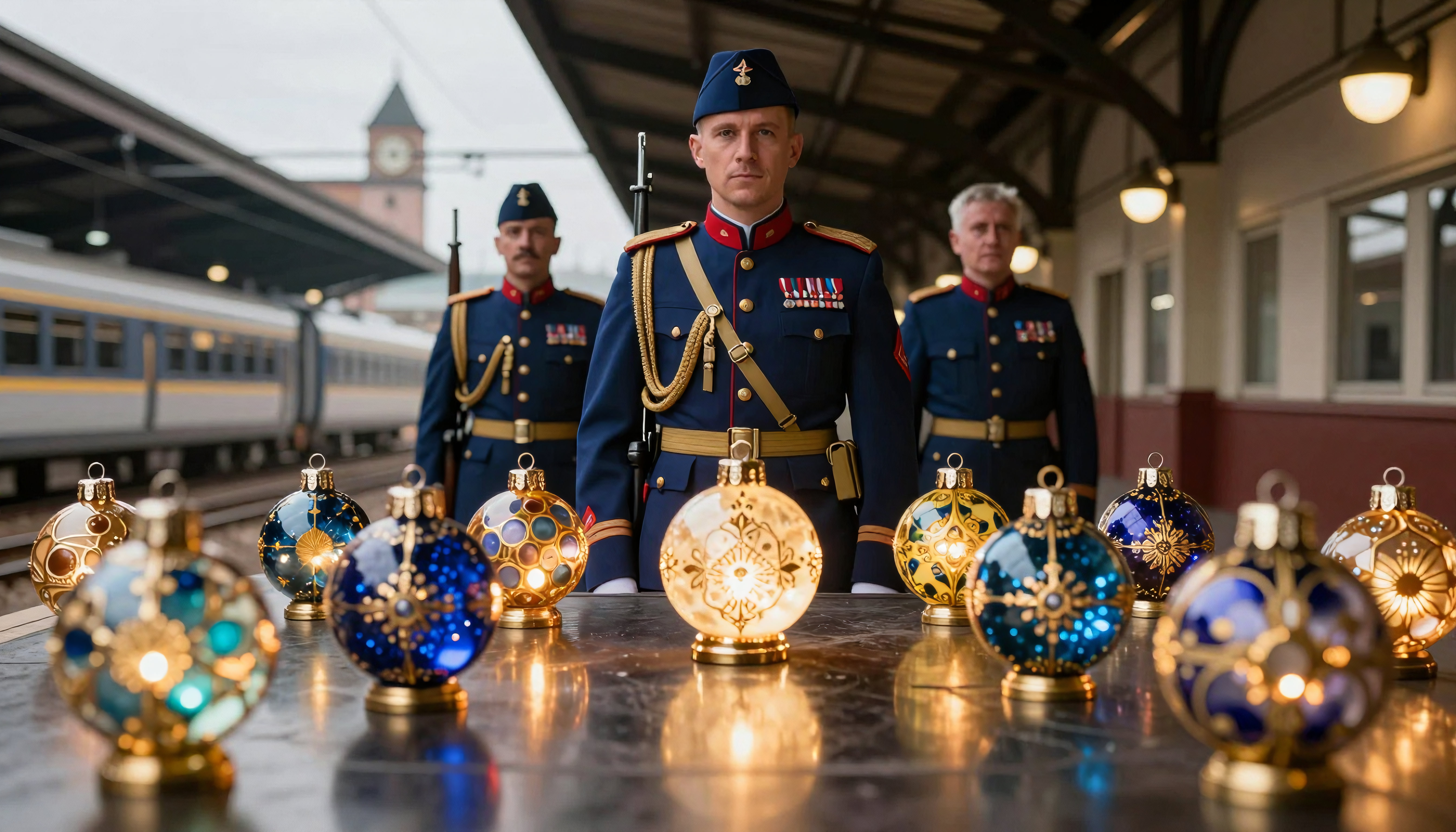 Military Officers at Historic Train Station with Festive Ornaments