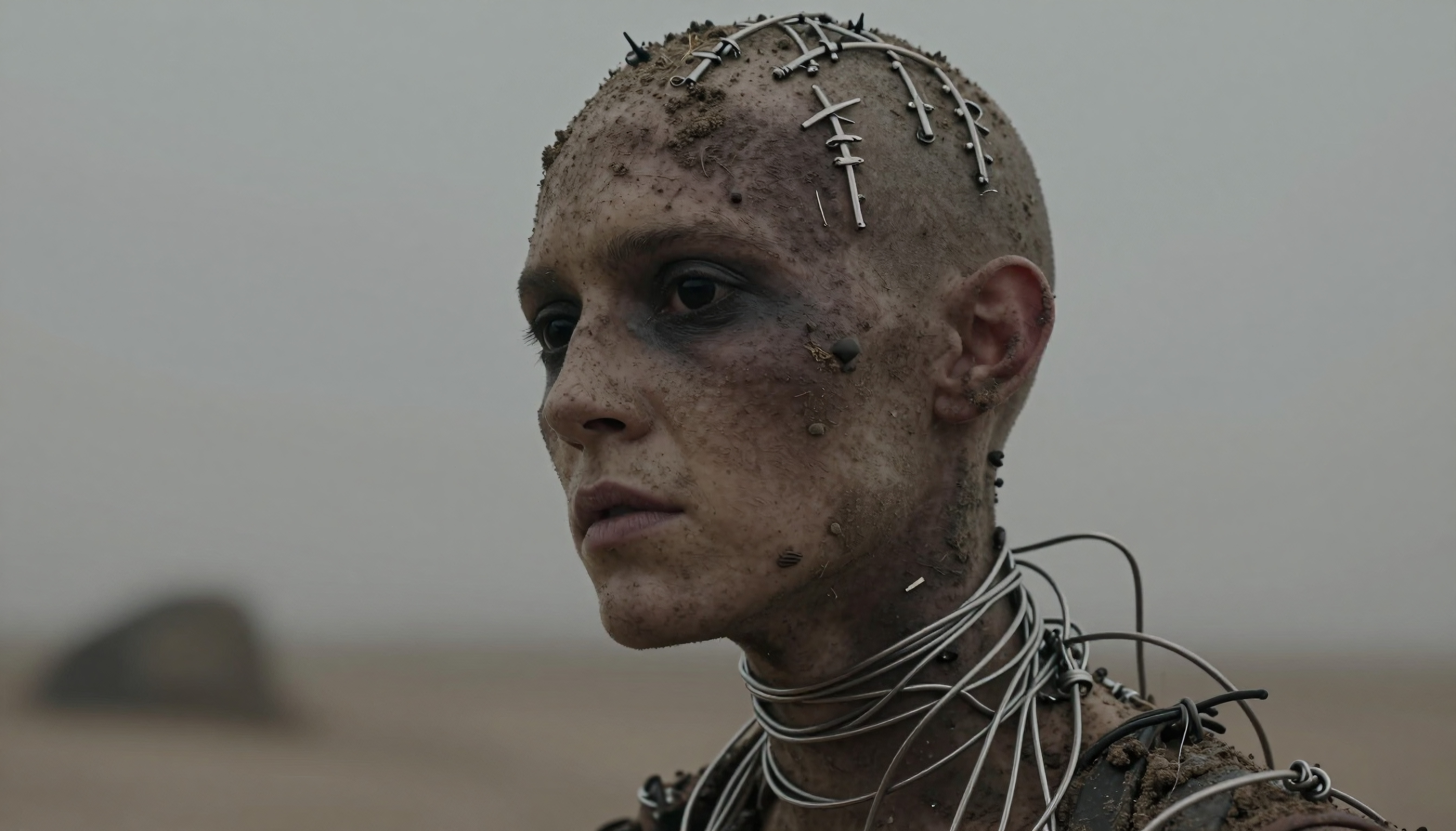 Haunted Survivor Portrait in a Desert Wasteland Setting